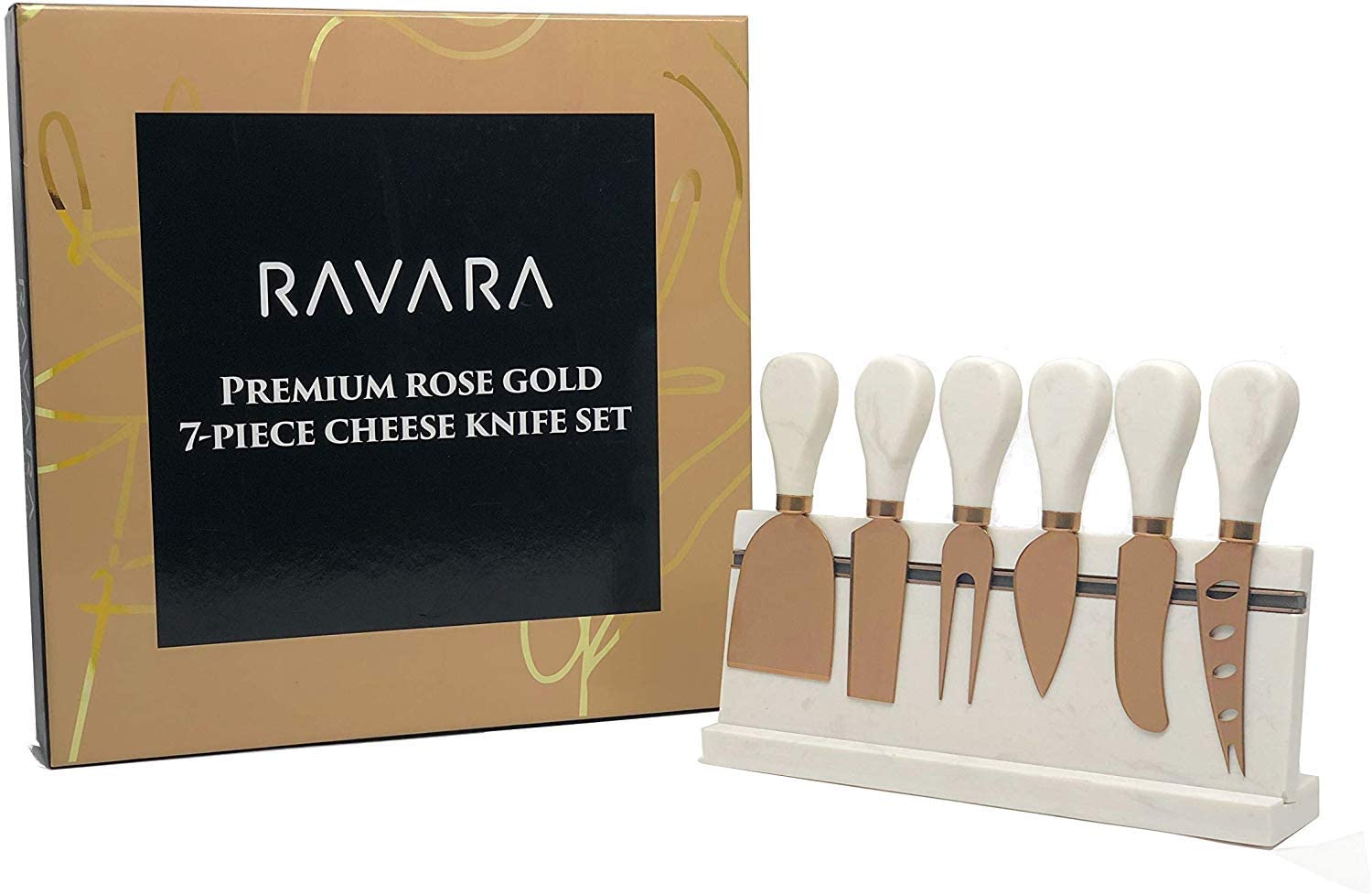 Price:$39.95 Cheese Knife Set, 7-Pieces (4 Knives, Spreader, Cheese Fork, and Marble Stand), Rose Gold Premium Quality Cheese Knife Set Utensils – Rose Gold Stainless Steel, 100% Natural Marble Handles: Home & Kitchen