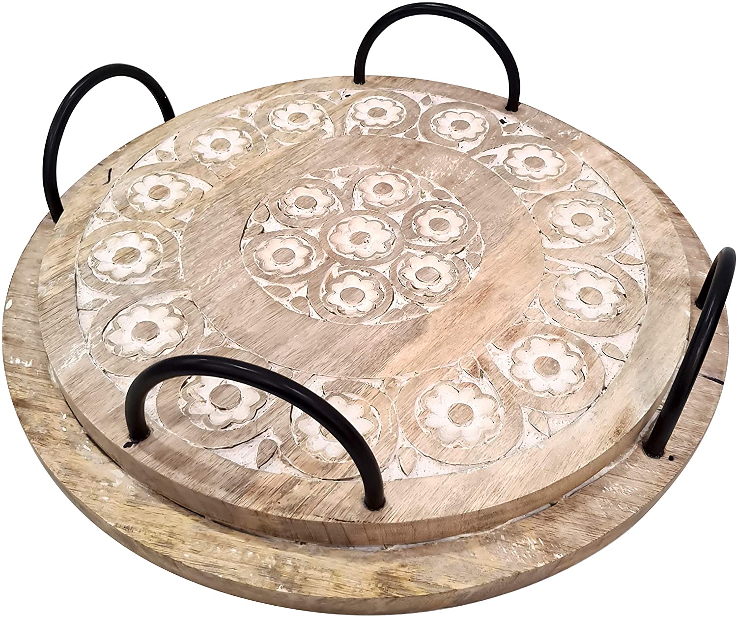 Price:$75.00 Round Serving Platter Cheese Board Set with Metal Handle Rustic Kitchen Accent Farmhouse Wooden Tray Set of 2 : Home & Kitchen