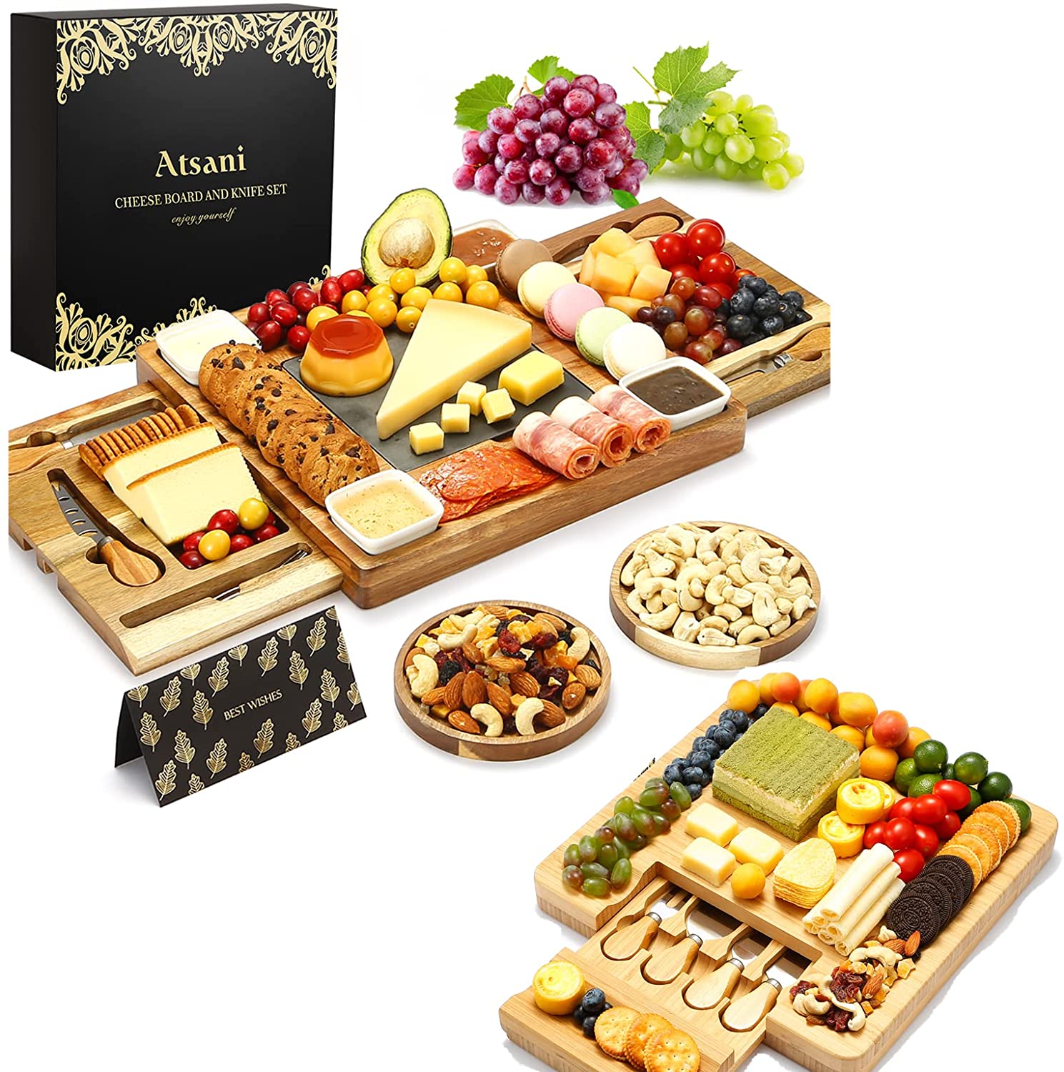 Price:$91.99 Board Set & Knife Set,Wood Charcuterie Boards,Tray with Cutlery in Double Slide-Out Drawer,Plates for Charcuterie,Wine,Crackers, Brie,Meat,Gift for Valentine,Wedding,Housewarming: Plates