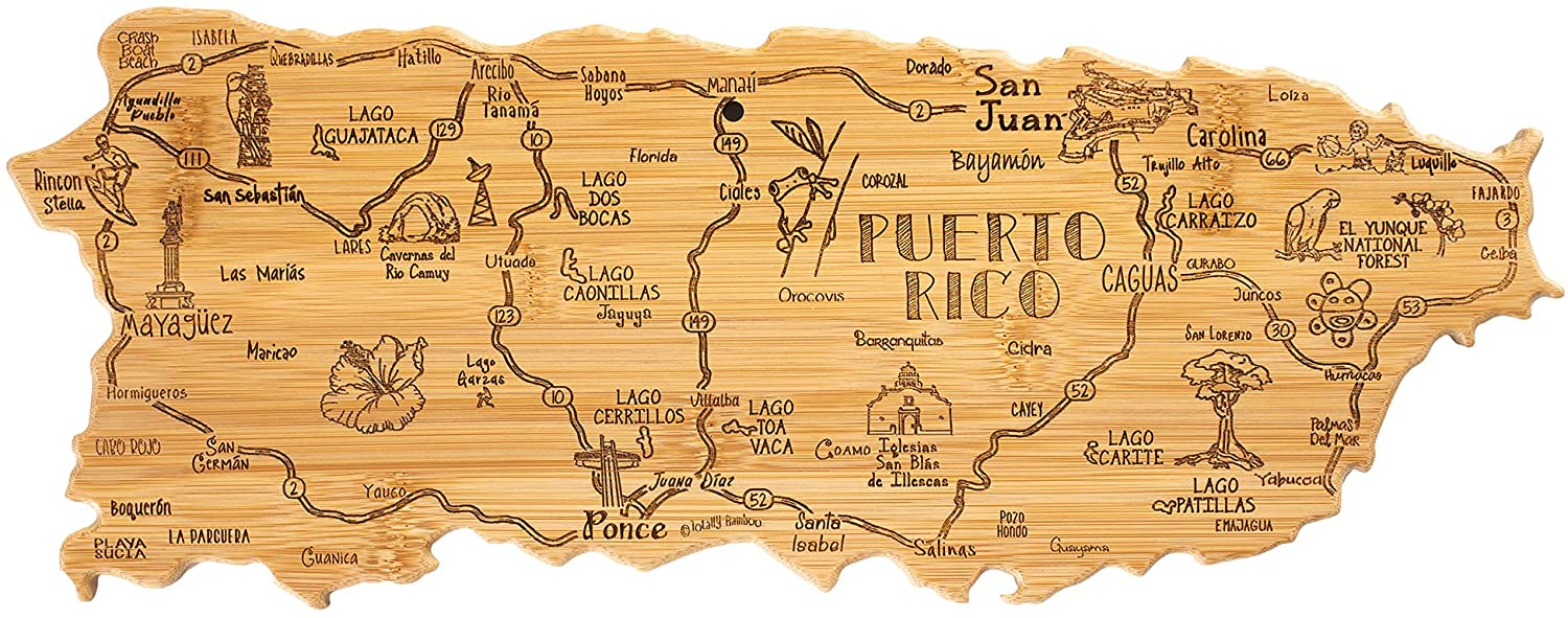 Price:$29.99 Bamboo Destination Puerto Rico Shaped Serving and Cutting Board, Includes Hang Tie for Wall Display: Home & Kitchen
