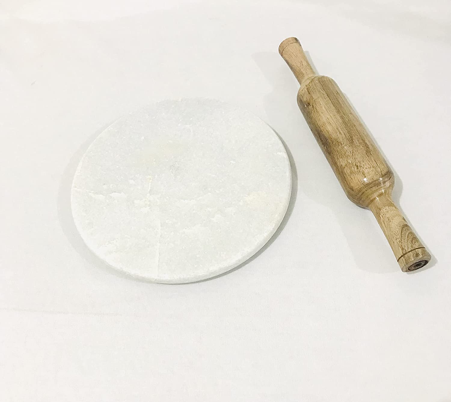 Price:$55.50 Chakla With Wooden Belan, Roti Maker Rolling Board with Rolling Pin Round Board Cutting Board,Round Trivet, Cheese Board, 9 Inch Diameter Large, White: Home & Kitchen