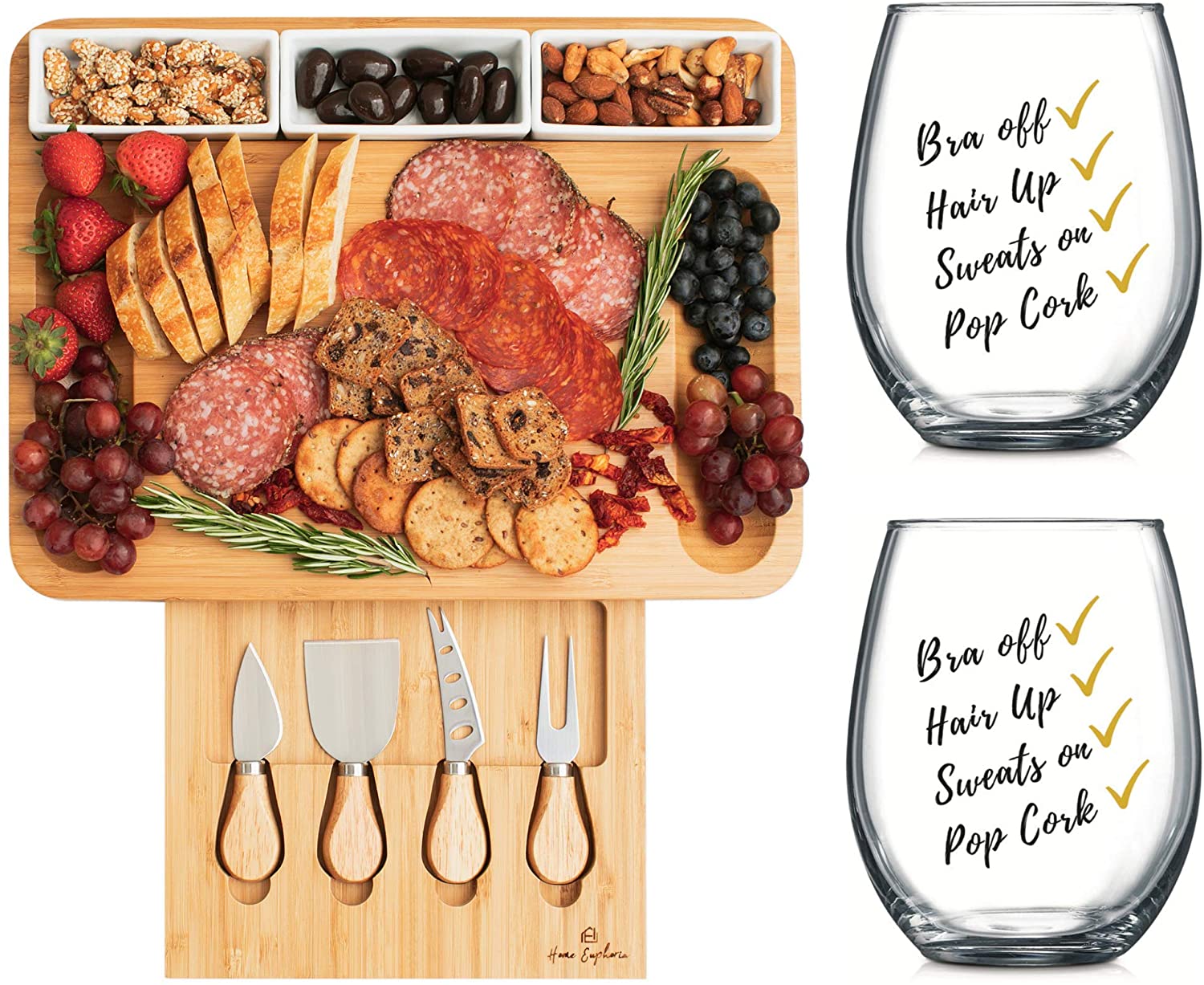 Price:$59.99 Euphoria Natural Bamboo Cheese Board and Cutlery Set with Rectangular Ceramic Ramekins and 2 Checklist | Stemless Funny Wine Glass | Cute Wine Glass for Women or Men: Cheese Plates