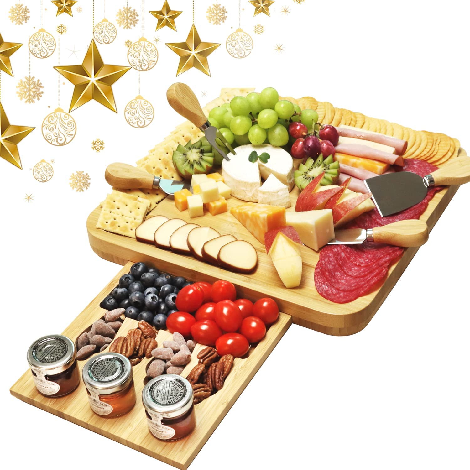 Price:$49.90 Premium Bamboo Cheese Board - Large Charcuterie Platter with Stainless Steel Knife Set - Wood Serving Tray and Accessories - Perfect for Birthday, Bridal Shower, Housewarming & Wedding Gifts: Cheese Servers