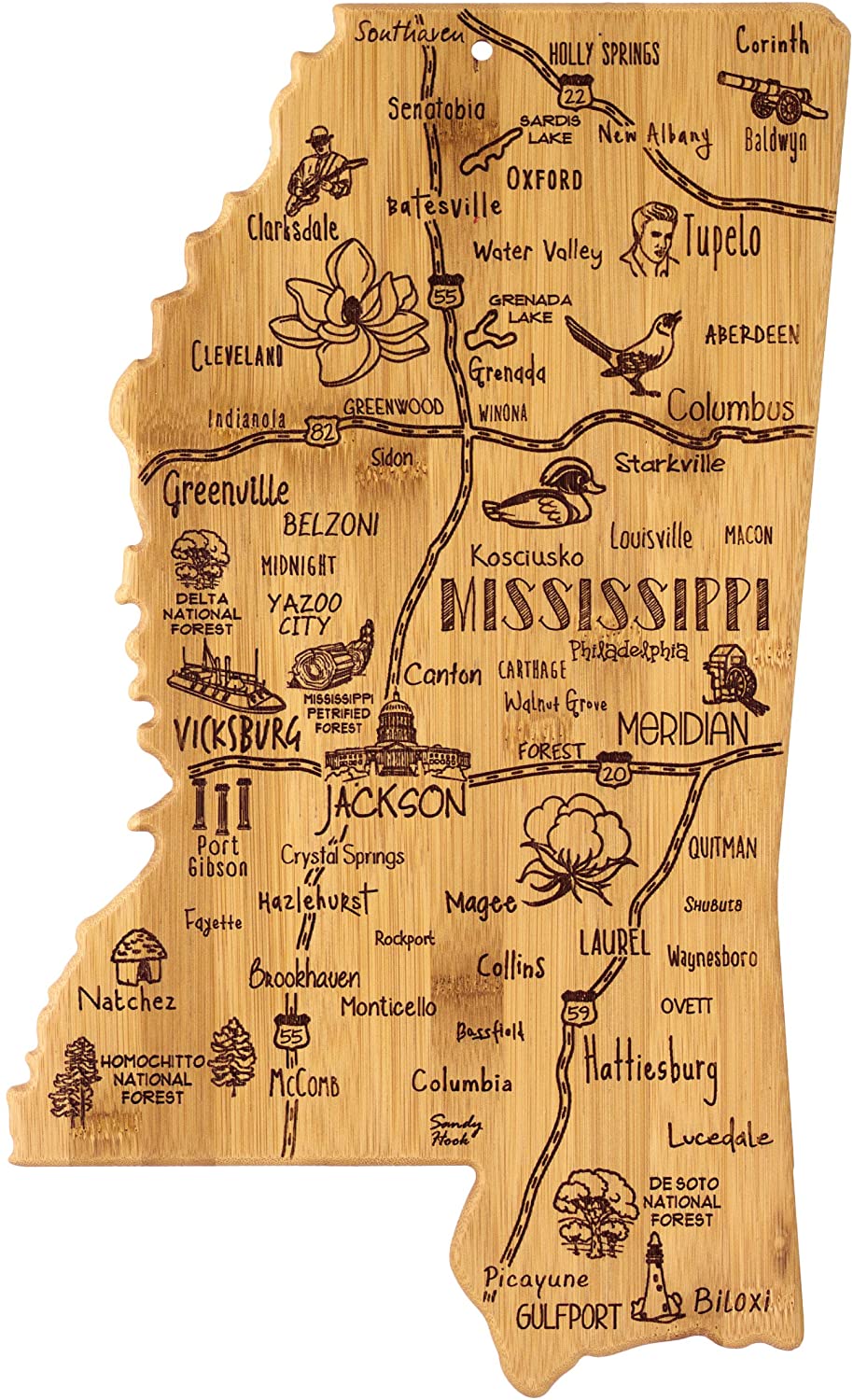 Price:$29.99 Bamboo Destination Mississippi State Shaped Serving and Cutting Board, Includes Hang Tie for Wall Display: Home & Kitchen