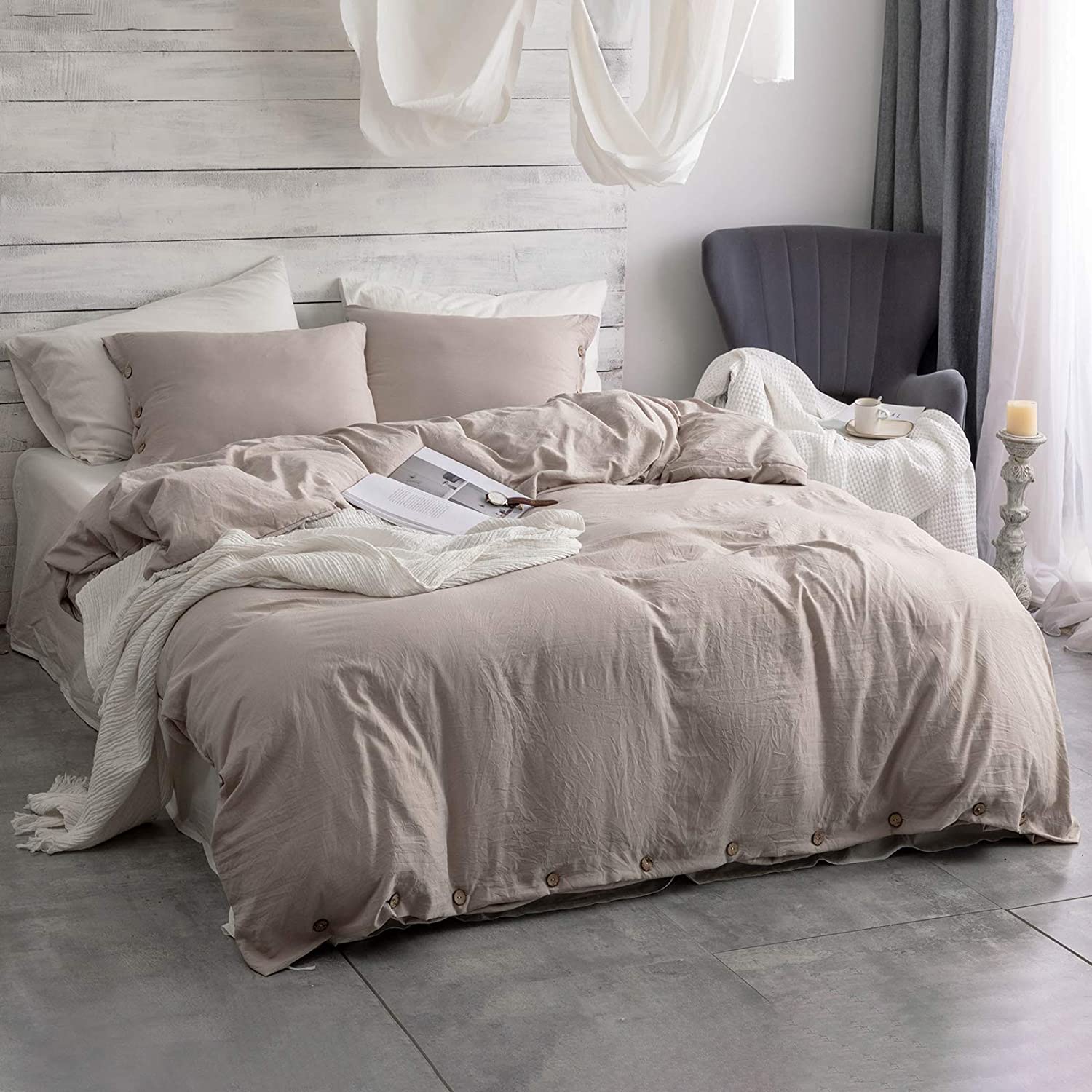 Price:$35.99 3 Pieces Queen Button Duvet Cover Set, Khaki Duvet Cover with Button Closure, Washed Microfiber Soft & Easy Care Bedding Comforter Cover with Ties (1 Tan Duvet Cover, 2 Pillowcases) : Home & Kitchen