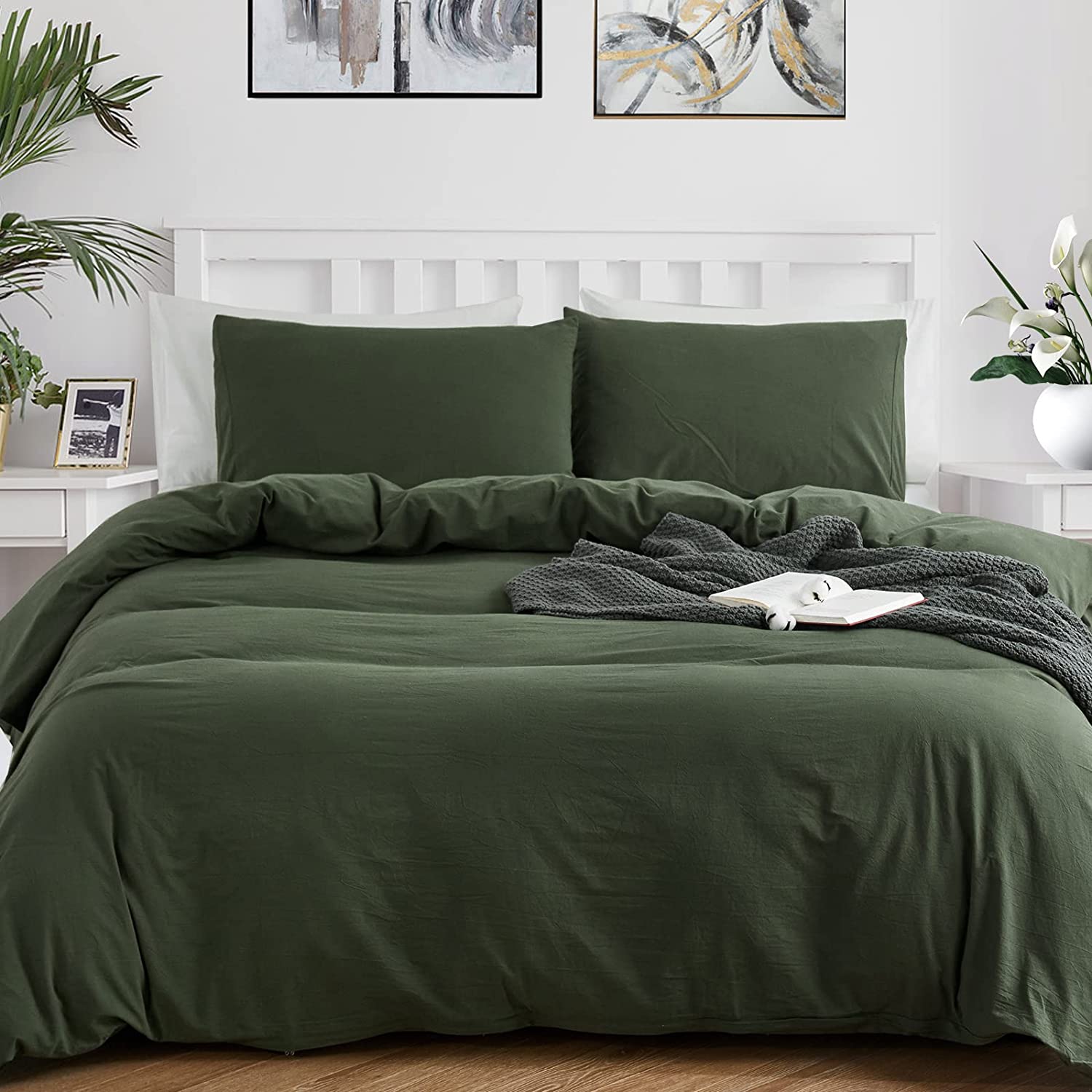 Price:$62.99 Army Green 100% Washed Cotton Queen Duvet Cover Set, 3 Pieces 1 Comforter Cover and 2 Pillowcases, Ultra Soft and Breathable Solid Color Bedding Set with Zipper Closure : Home & Kitchen