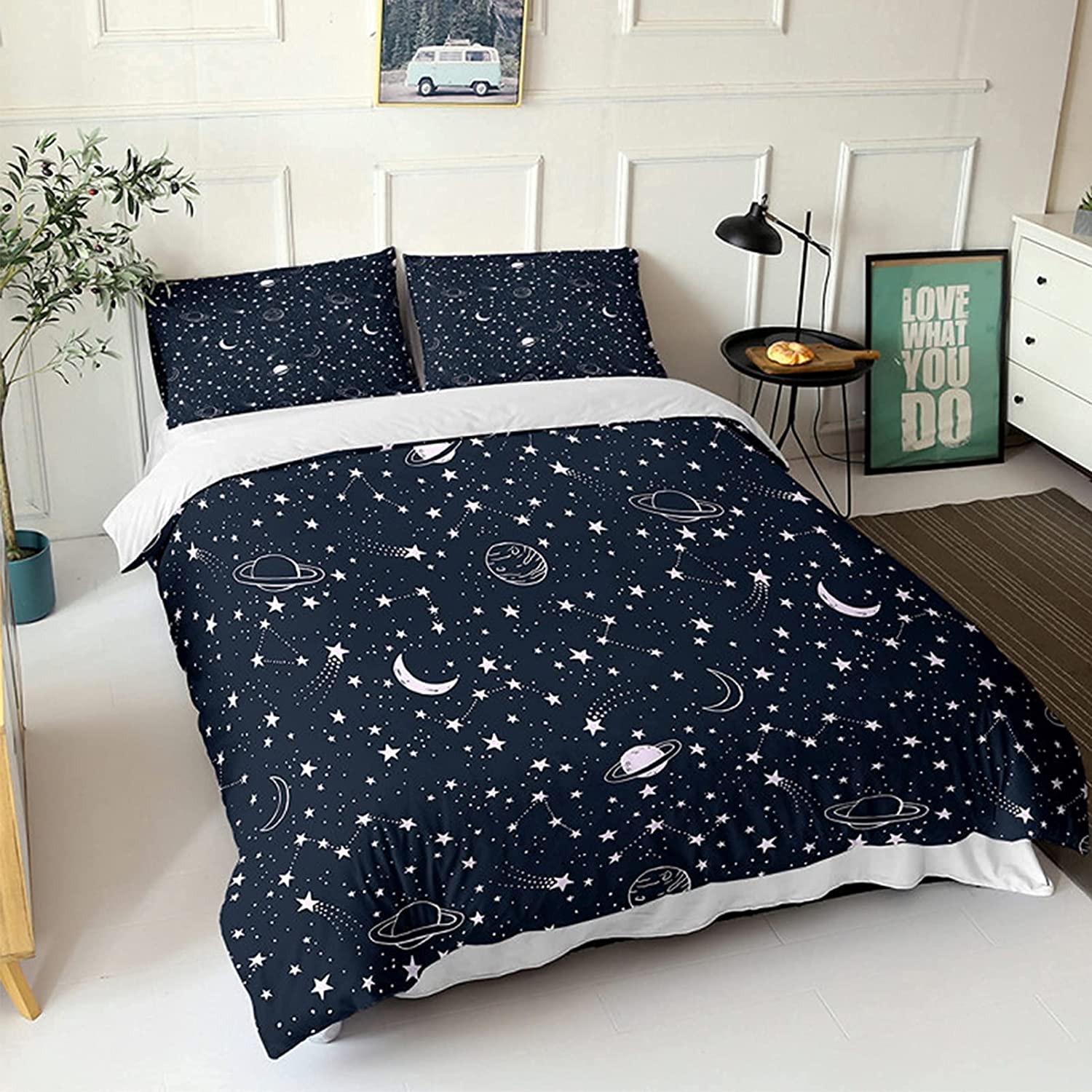 Price:$38.89 Outer Space Star Bedding Set Kids Galaxy Duvet Cover Set Full Size 3Pcs Planet Constellation Comforter Cover Set Soft Microfiber Quilt Cover with Zippers, 2 Pillowcases 79”x90”-Navy Blue : Home & Kitchen