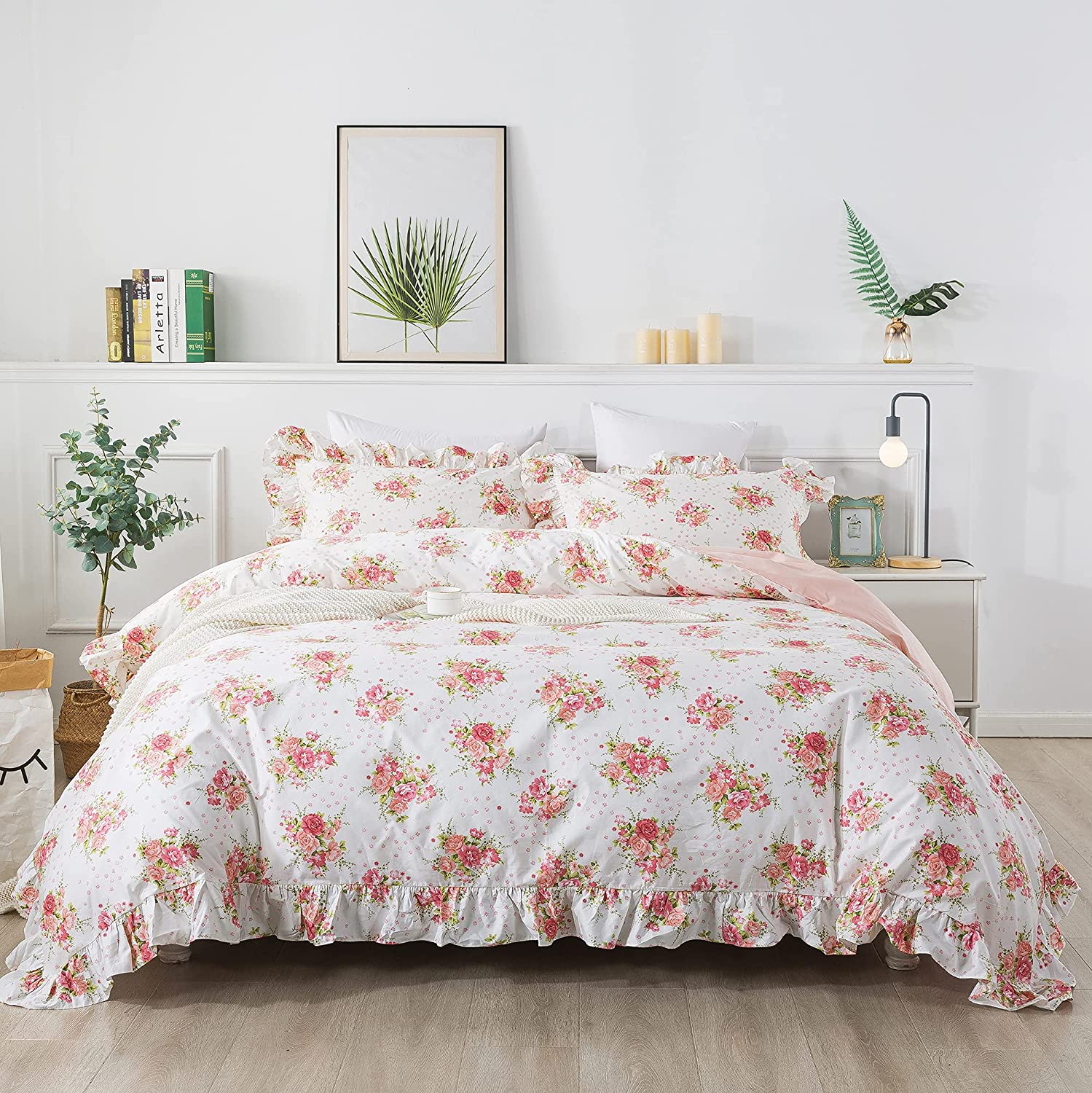 Price:$89.99 Girls Bedding Queen Size Pink Ruffled Duvet Cover Set Floral Printed Farmhouse Bedding Sets 100% Egyptian Cotton Duvet Quilt Cover Set 3-Piece(Comforter not Included) : Home & Kitchen