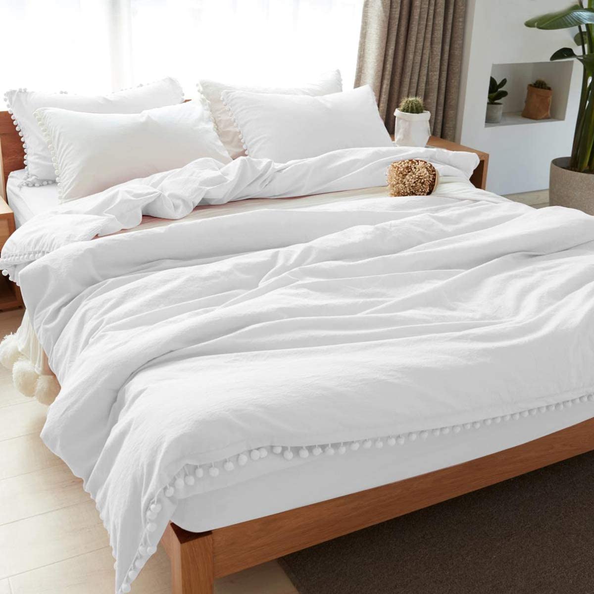 Price:$29.99 Boho Pom Pom Duvet Cover Set Queen(90x90 Inch) Solid White, 3 Pieces Bedding Set with Ball Fringe Tassel (1 Duvet Cover, 2 Pillowcases), Washed Lightweight Microfiber, Zipper Closure : Home & Kitchen