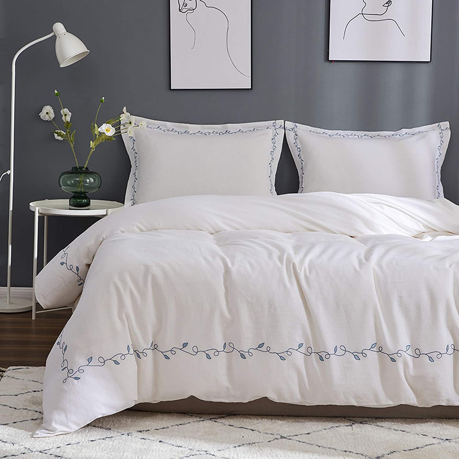 Price:$69.99 French Linen Duvet Cover Set 3pcs Embroidered Willow Leaf 55% Flax 45% Cotton Blend Soft Breathable Luxury Bedding (Queen, Embroidery White) : Home & Kitchen