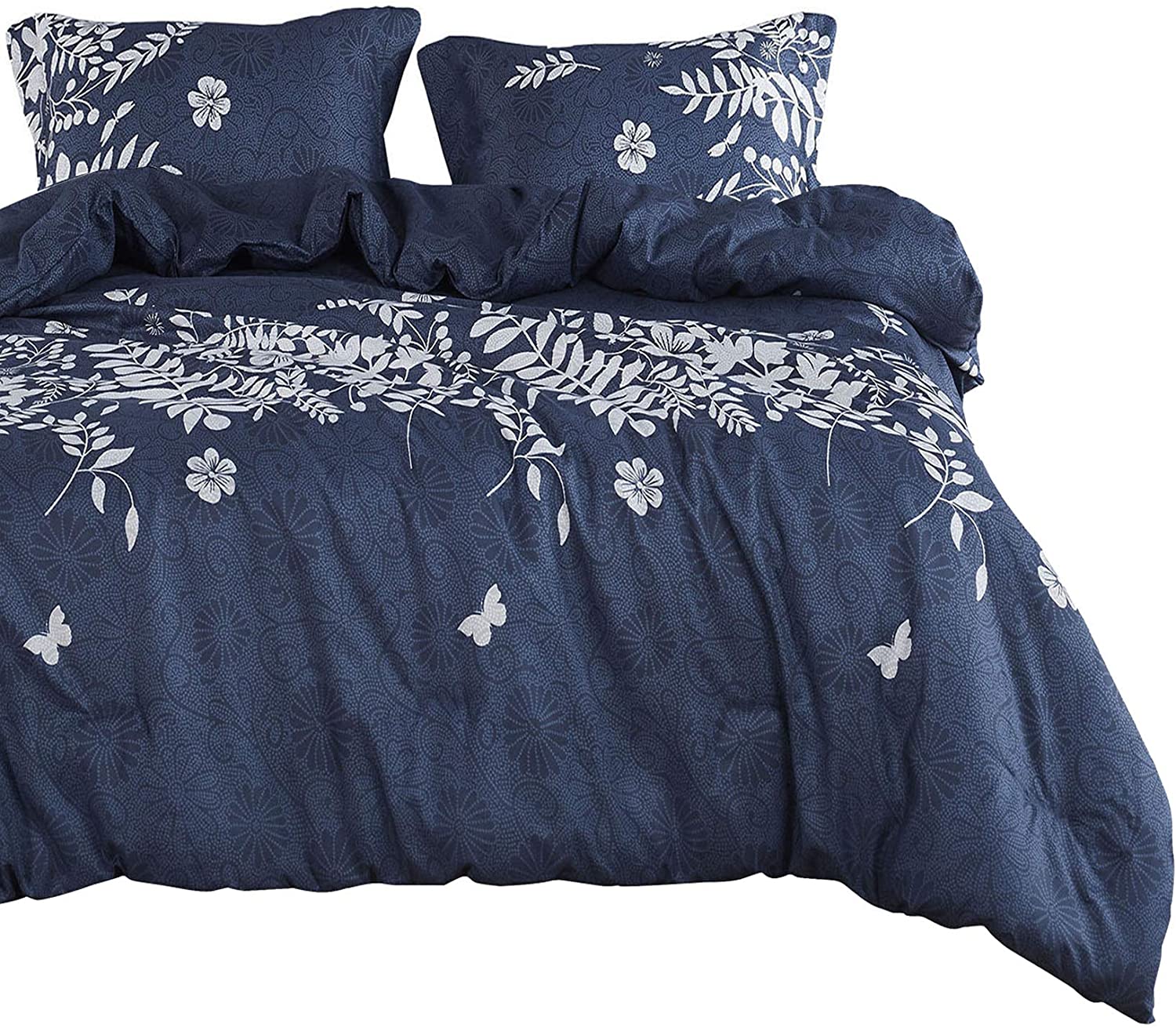 Price:$39.99 In Cloud - Navy Blue Duvet Cover Set, Gray Grey Floral Flowers Tree Leaves Pattern Printed, Soft Microfiber Bedding with Zipper Closure (3pcs, California King Size) : Home & Kitchen