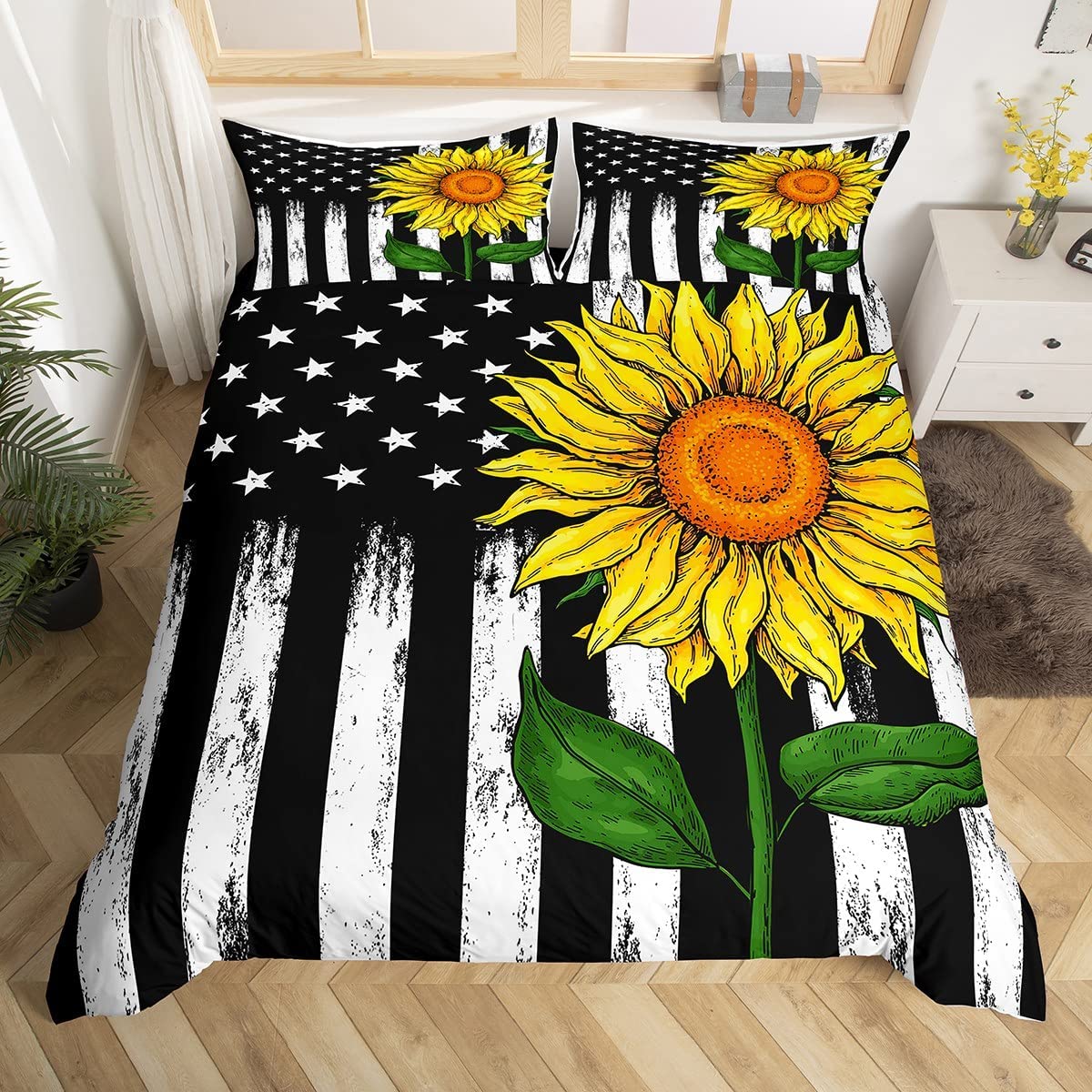 Price:$39.00 Flag Bedding Set Twin Size for Kids Boys Bedroom,Yellow Sunflowers Bed Duvet Cover Set,Retro Stripes Stars Comforter Cover Black Decor 2 Pieces 1 Duvet Cover with 1 Pillowcase No Comforter : Home & Kitchen