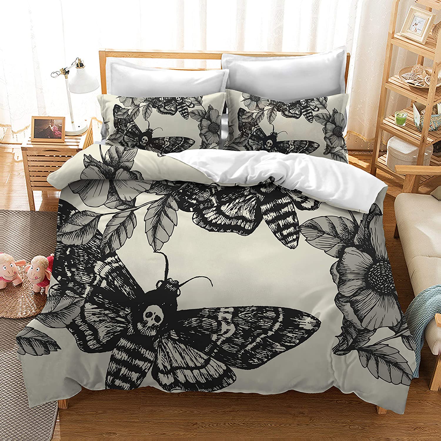 Price:$52.99 Bedding 3D Digital Printing Death and Flower Cream 100% Brushed Microfiber Bedding 3pc Duvet Cover Sets King Size : Home & Kitchen