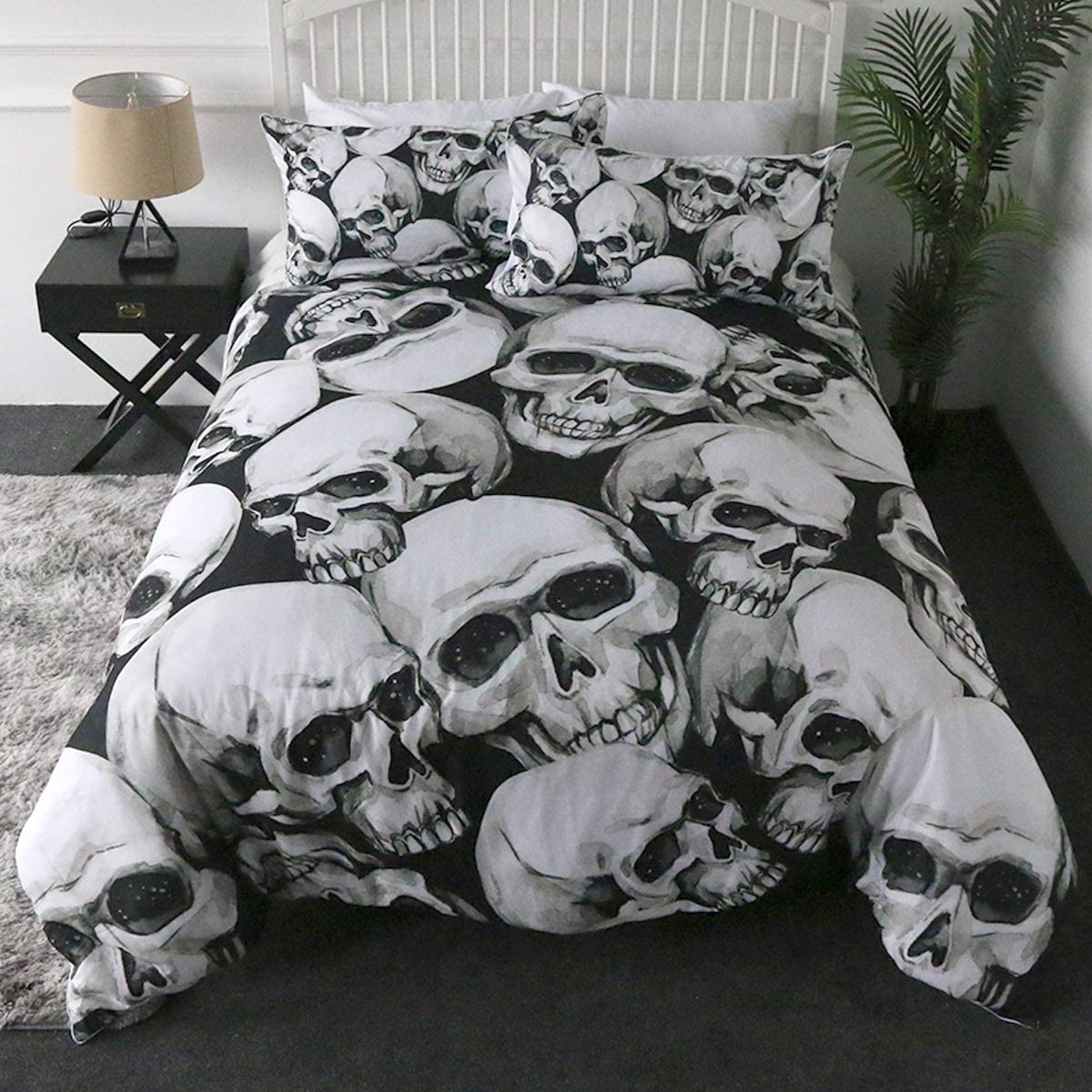 Price:$39.99 3D Skull Bedding Set Twin Size 3 Piece Skeleton Bedspread Black and White Retro Sugar Skulls Pattern Duvet Cover Gothic Comforter Sets for Teen Boy : Home & Kitchen