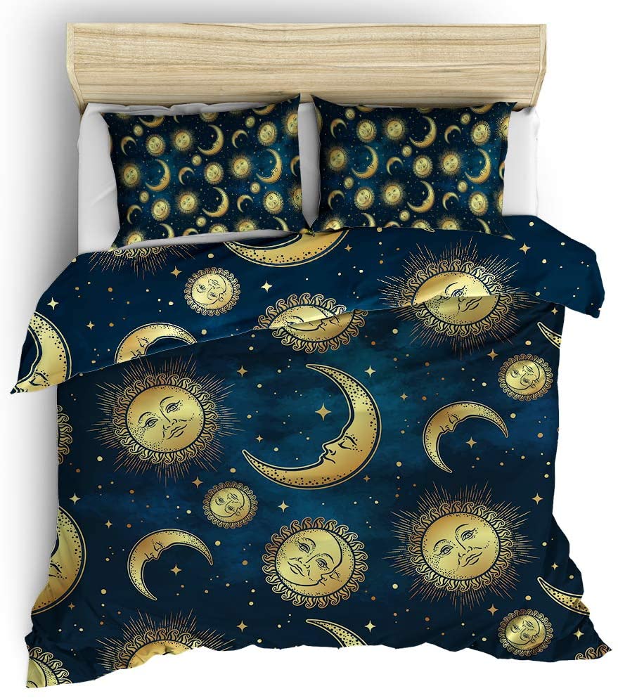 Price:$55.83 Gold Celestial Bodies Duvet Cover Set 3 Pieces Bedding Boho Chic Design with Moon Sun and Stars Pattern Bed Sets with 1 Duvet Cover 2 Pillowcases (Queen Size) : Home & Kitchen