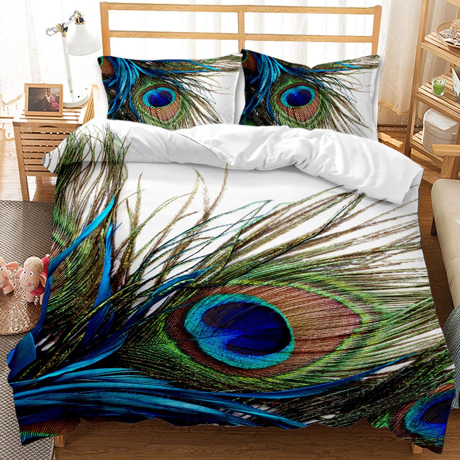 Price:$38.99 Peacock Feather Bedding Set King Size Animal Theme Decor Duvet Cover for Boys Girls Kids 1 Duvet Cover + 2 Pillow Shams : Home & Kitchen