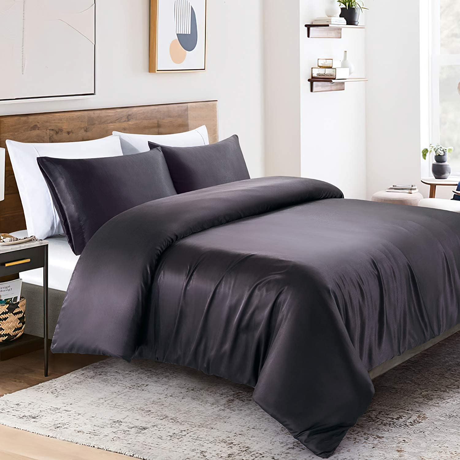Price:$33.98 Satin Duvet Cover Queen, Hypoallergenic Luxury Black Duvet Cover Zipper Closure with Ties - 1 Duvet Cover 1 Fitted Sheet and Pillowcase Set : Home & Kitchen
