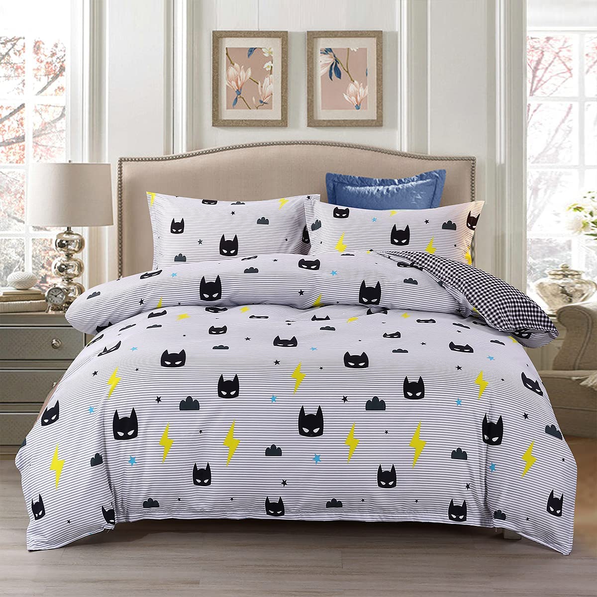 Price:$25.80 Cartoon Black Bedding Set Duvet Cover Quilt Cover Set for Kids Boys with Zipper Closure & Corner Ties (Full) : Home & Kitchen
