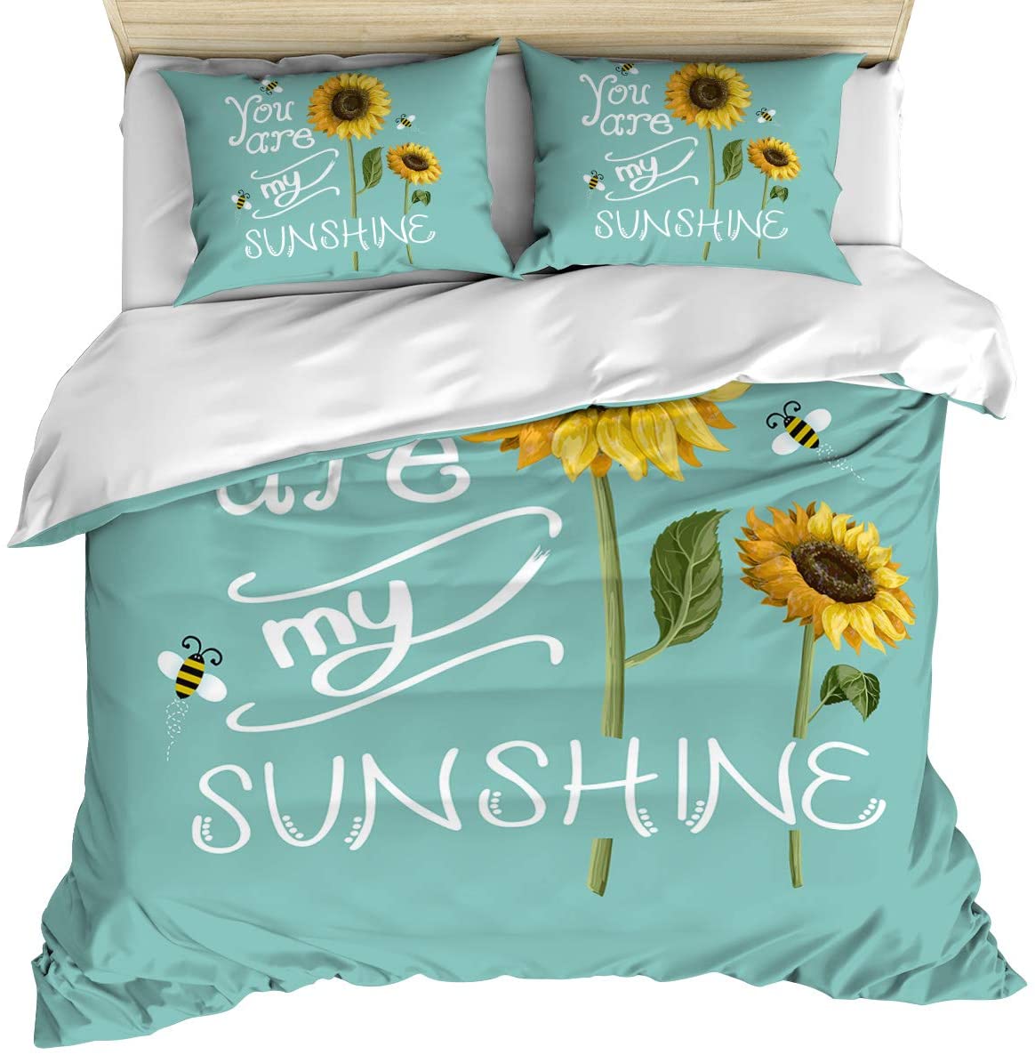 Price:$107.29 Piece Bedding Set Comforter/Quilt Cover Set Queen Size, Sunflowers and Bees You are My Sunshine Teal Background Duvet Cover Set with 2 Pillow Shams for Kids/Teens/Adults/Toddler : Home & Kitchen