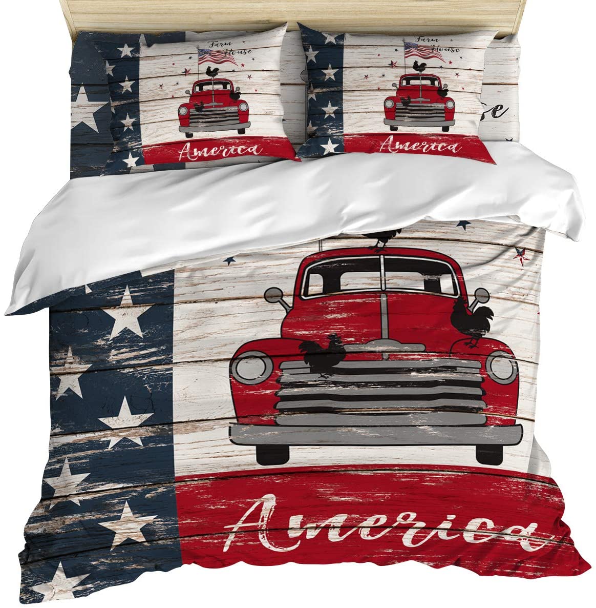 Price:$108.93 4 Piece Bedding Set Queen Size, Vintage Wooden Farm House with Truck Carrying American Flag Duvet/Comforter/Quilt Cover Set with Bed Sheet Pillow Shams for Kids/Teens/Adults/School : Home & Kitchen
