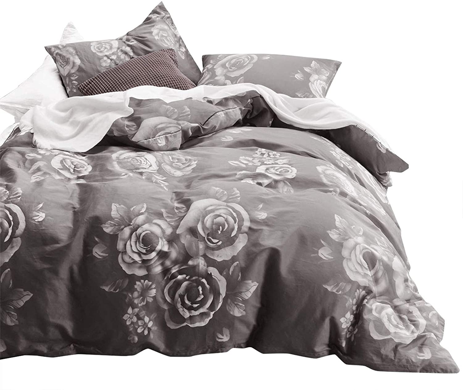 Price:$36.99 In Cloud - Gray Floral Duvet Cover Set, 100% Cotton Bedding, White Rose Flowers Pattern Printed on Dark Grey, with Zipper Closure (3pcs, Queen Size) : Home & Kitchen