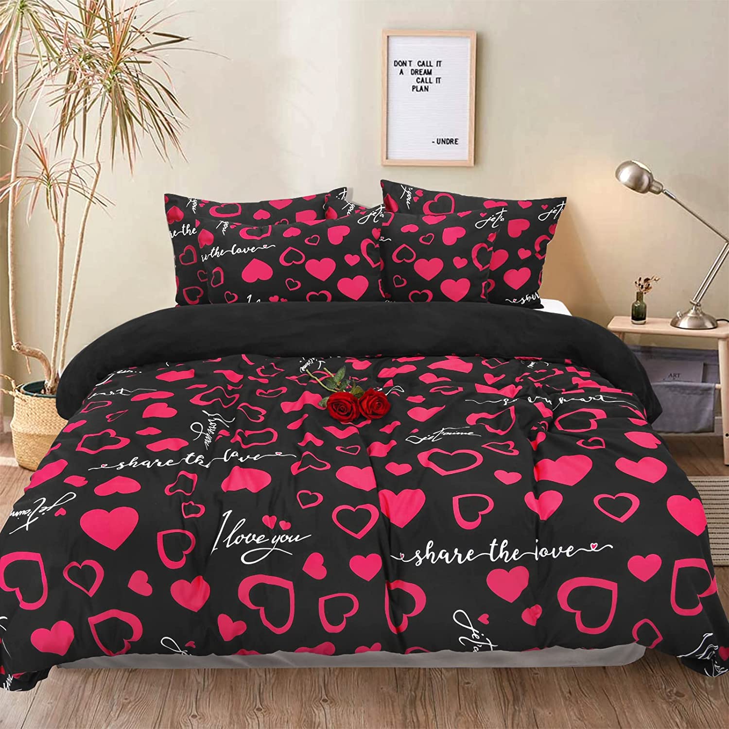 Price:$32.99 Duvet Cover Set Heart Pattern Bedding Sets Valentines Bedding I You Gift 3 Piece Bedding Set with 1 Duvet Cover 2 Pillowcases, Queen Size, Black and Pink : Home & Kitchen