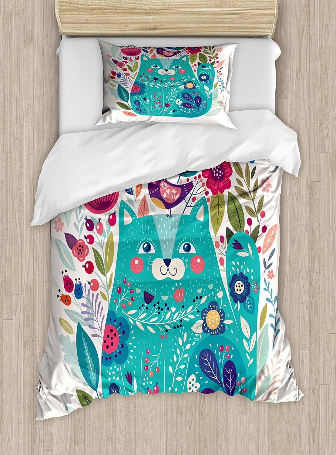 Price:$59.95 Cat Duvet Cover Set Twin Size, Kitty Surrounded by Birds Flowers Ladybugs Inspirational Folk Baby Theme, Decorative 2 Piece Bedding Set with 1 Pillow Sham, Green : Home & Kitchen