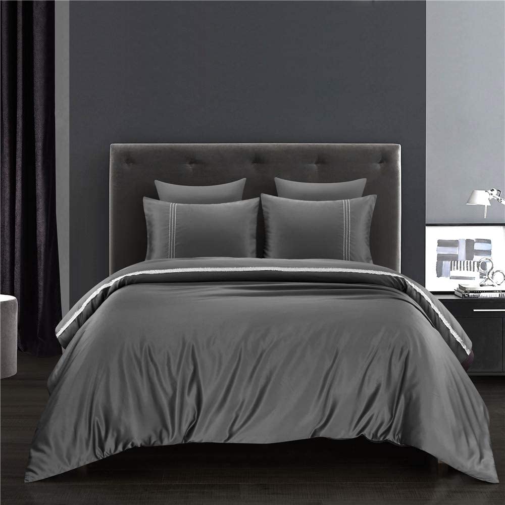 Price:$39.99 Premium Luxury Silk Satin Full/Queen Duvet Cover Set with Silver Ribbons - Wrinkle-Resistant,Hypo-Allergic,Durable - Dark Grey : Home & Kitchen