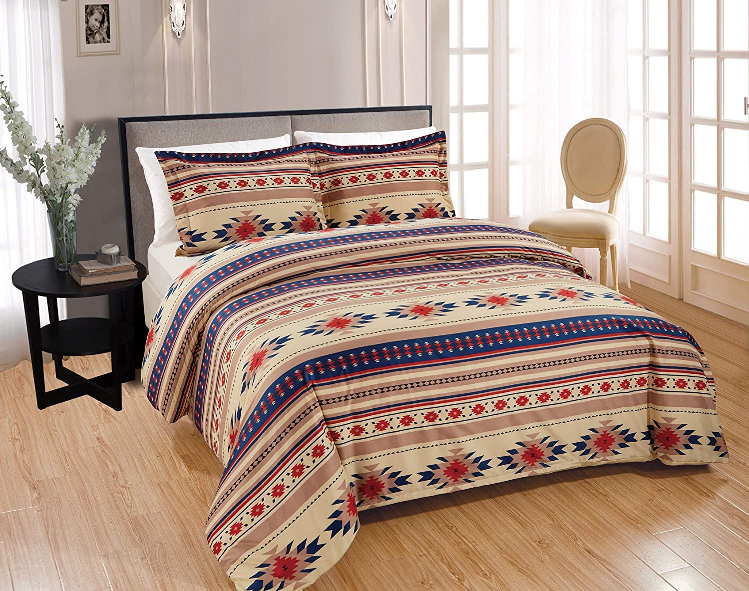 Price:$22.99 Collection 3-Piece Southwestern Geometric Tribal Multicolor Coffee Brown Navy Red Duvet Cover Set - Zipper Closure and Corner Ties, King Size : Home & Kitchen
