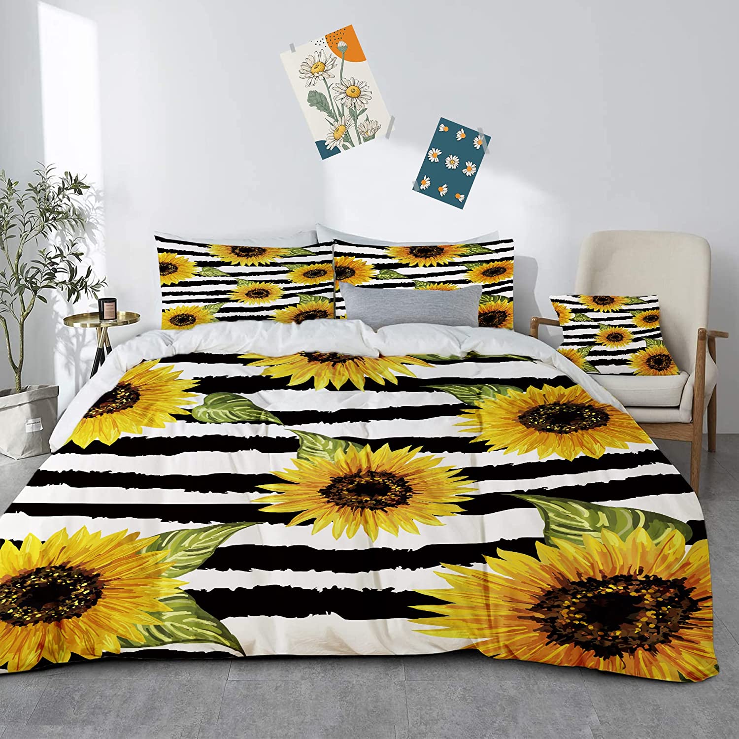 Price:$31.99 Sunflower Duvet Cover Set Women Yellow Floral Black White Striped Girls Pastoral Retro Blossom Flower 3 Piece Bedding Decor Botanical Stylish Comforter Set 2 Pillow Shams(Sunflower, Queen Size) : Home & Kitchen