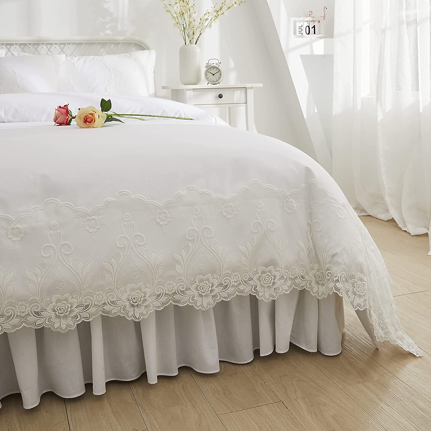 Price:$135.00 Lace Duvet Cover Sets White Ruffle Bedding Set with Bed Skirt Romantic Vintage Princess Floral Duvet Cover California King Size 4 Pcs : Home & Kitchen
