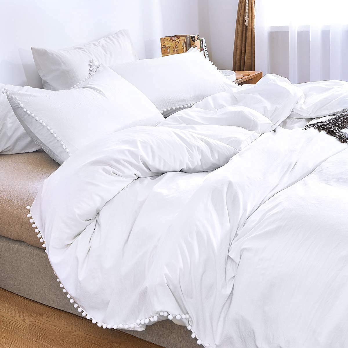 Price:$28.99 Fringe Duvet Cover Queen Set-3 Bohemian Bedding Solid Pompoms Ringe Ball Design 3 Piece 100% Super Soft Lightweight Microfiber Durable with Zipper Closure and Corner Ties White Queen 90" x 90" : Home & Kitchen
