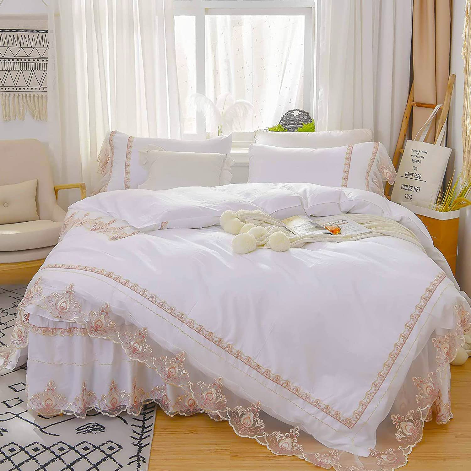 Price:$41.99 4pcs Queen Lace Jacquard Floral Bedding Set - Lace Bedskirt Romantic Cotton Ruffle Luxury Victorian Princess Duvet Flouncing Pillow Cover Soft Shams,White Bridal Shabby Duvet Cover Set : Home & Kitchen