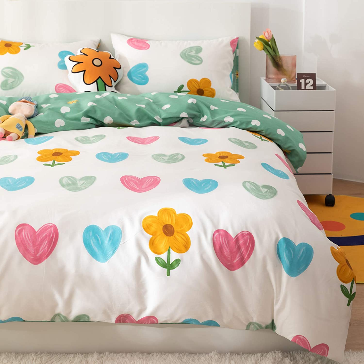 Price:$39.99 Heart Duvet Cover Set Twin 100% Cotton Bedding Cartoon Floral Blue Red Green Love on White 1 Hearts Comforter Cover with Zipper Ties 2 Pillowcases for Kids Teens Boys Girls : Home & Kitchen