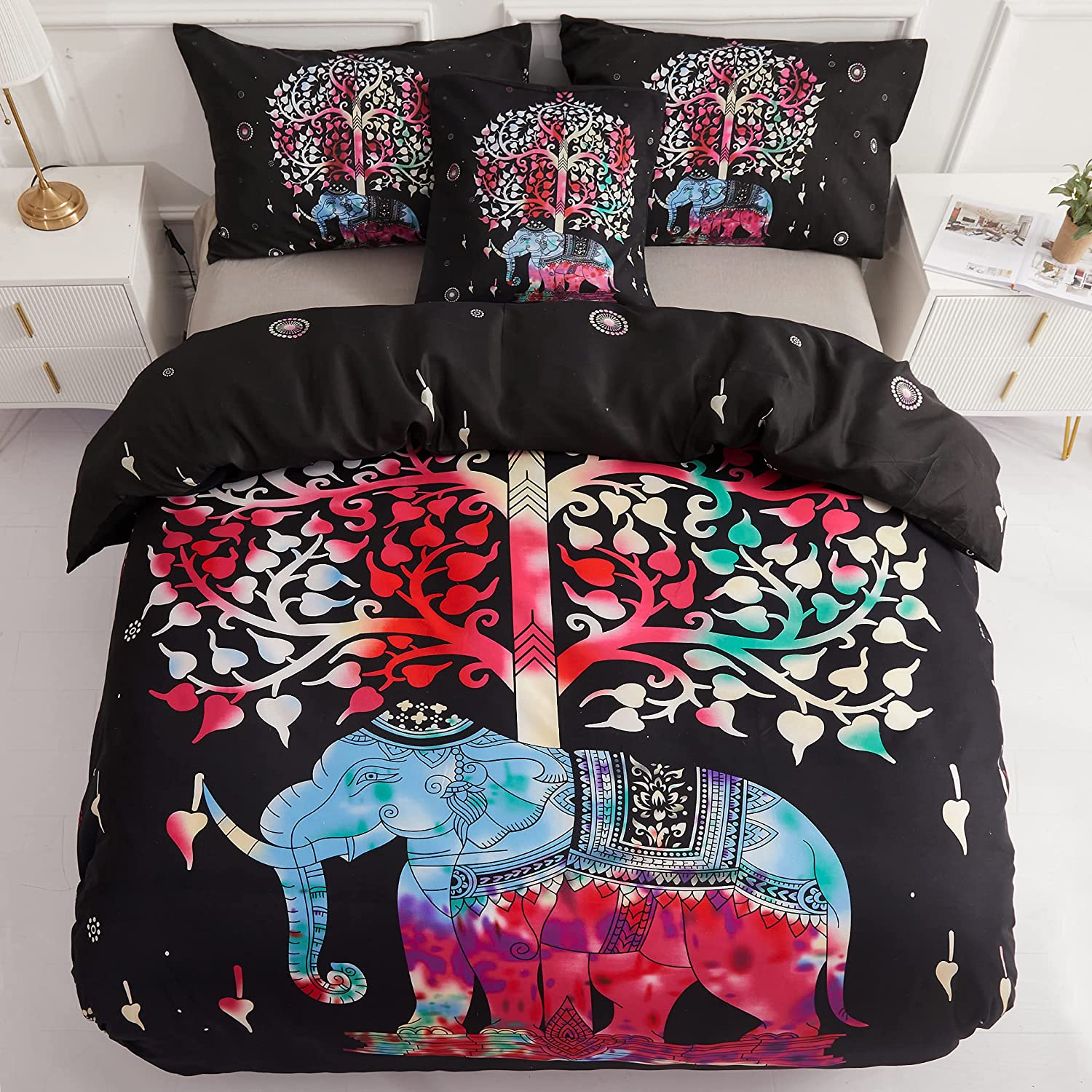 Price:$24.89 Elephant Duvet Cover Set Queen Size 4-Piece Bohemian Style Luxury Soft Bedding Set Comforter Cover(1 Duvet Cover+2 Pillowcases+1 Cushion Cover) Black : Home & Kitchen