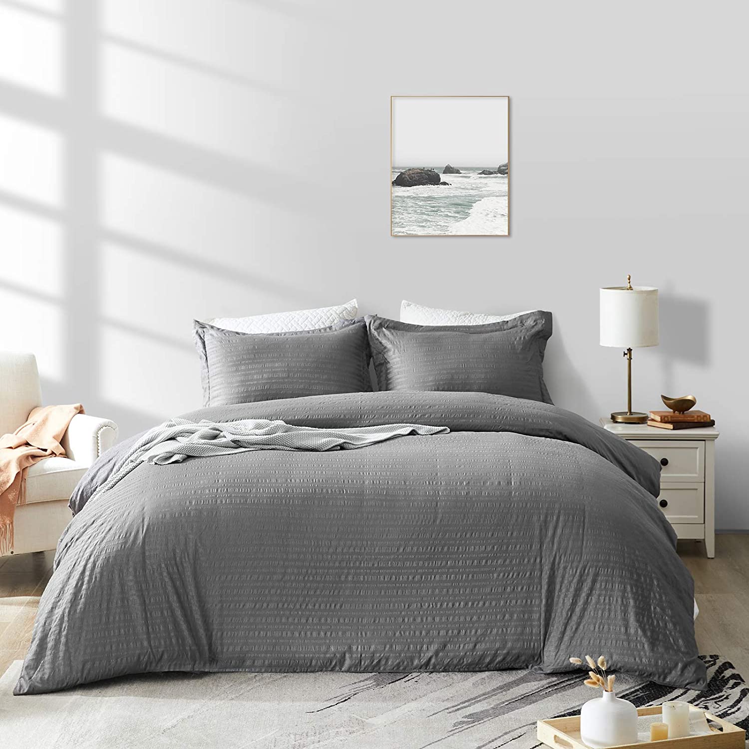 Price:$33.99 Dark Grey Duvet Cover Set Twin Size(68 x 90 inches),2 Pieces(1 Duvet Cover+1 Pillow Sham),Seersucker Striped Design Soft Microfiber Duvet Cover with Zipper Closure,Corner Ties : Home & Kitchen