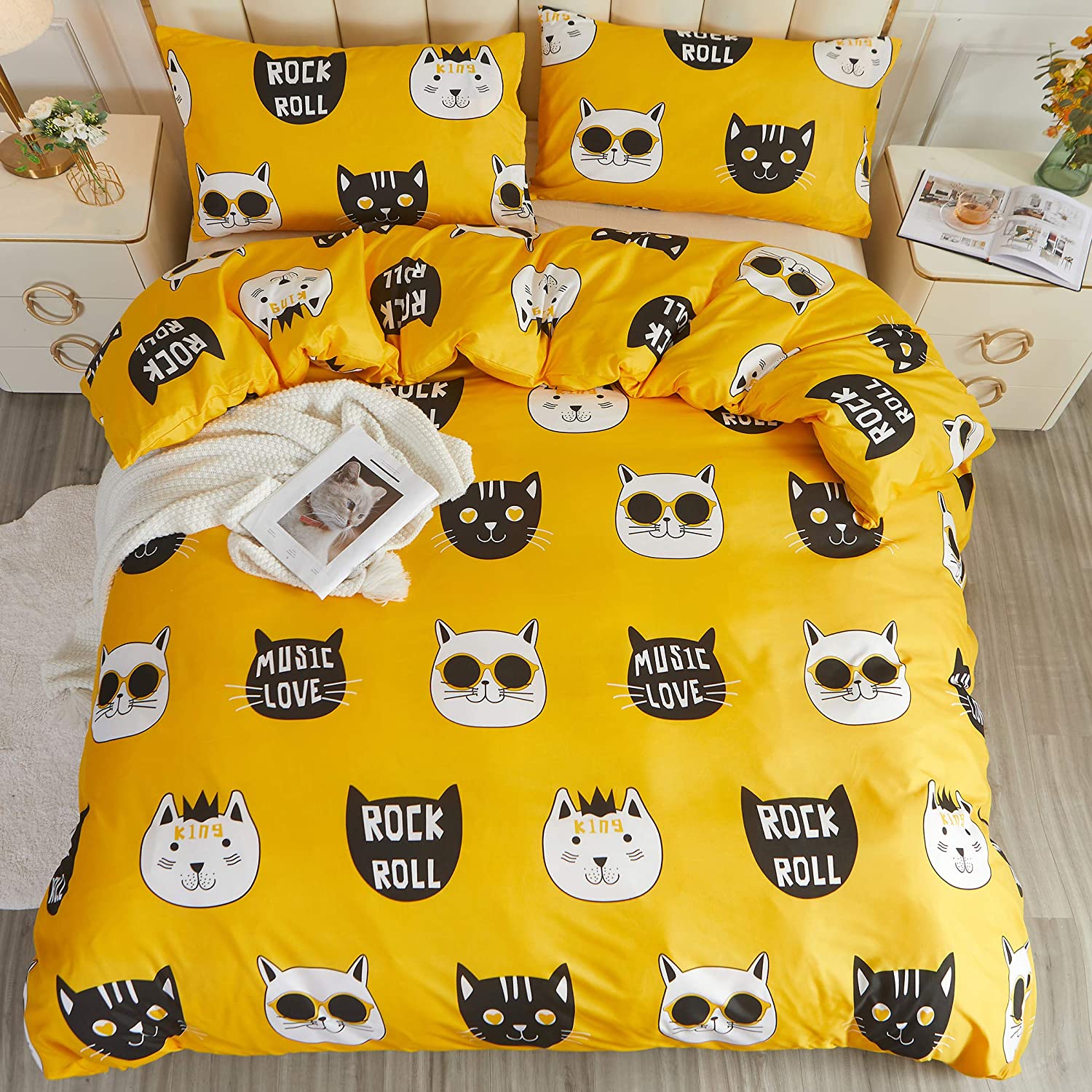 Price:$26.89 Cat Duvet Cover Set Queen Size 3-Piece Hotel Luxury Soft Bedding Set Comforter Cover Set(1 Duvet Cover + 2 Pillowcases) Yellow : Everything Else