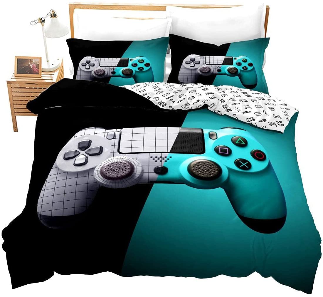Price:$40.00 Kids Games Gamer Comforter Cover Teens Playstation Gaming Reversible Bedding Set Boys Gamepad Game Duvet Cover Geometric Teal and White Black Decor Quilt Cover with 2 Pillowcases 3Pcs Bedding Queen : Home & Kitchen