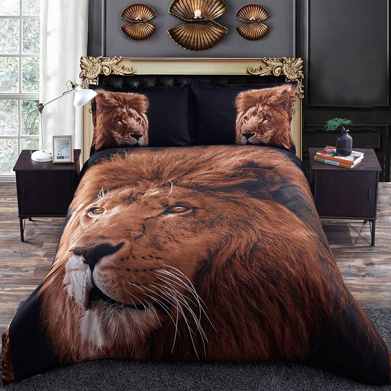 Price:$39.99 3D Bedding Sets Queen Size Brown Lion,Duvet Cover Set with Flat Sheet Queen Polyester 4 Pieces,2 Pillowcases,1 Duvet Cover,1 Flat Sheet, No Comforter,(Queen) : Home & Kitchen