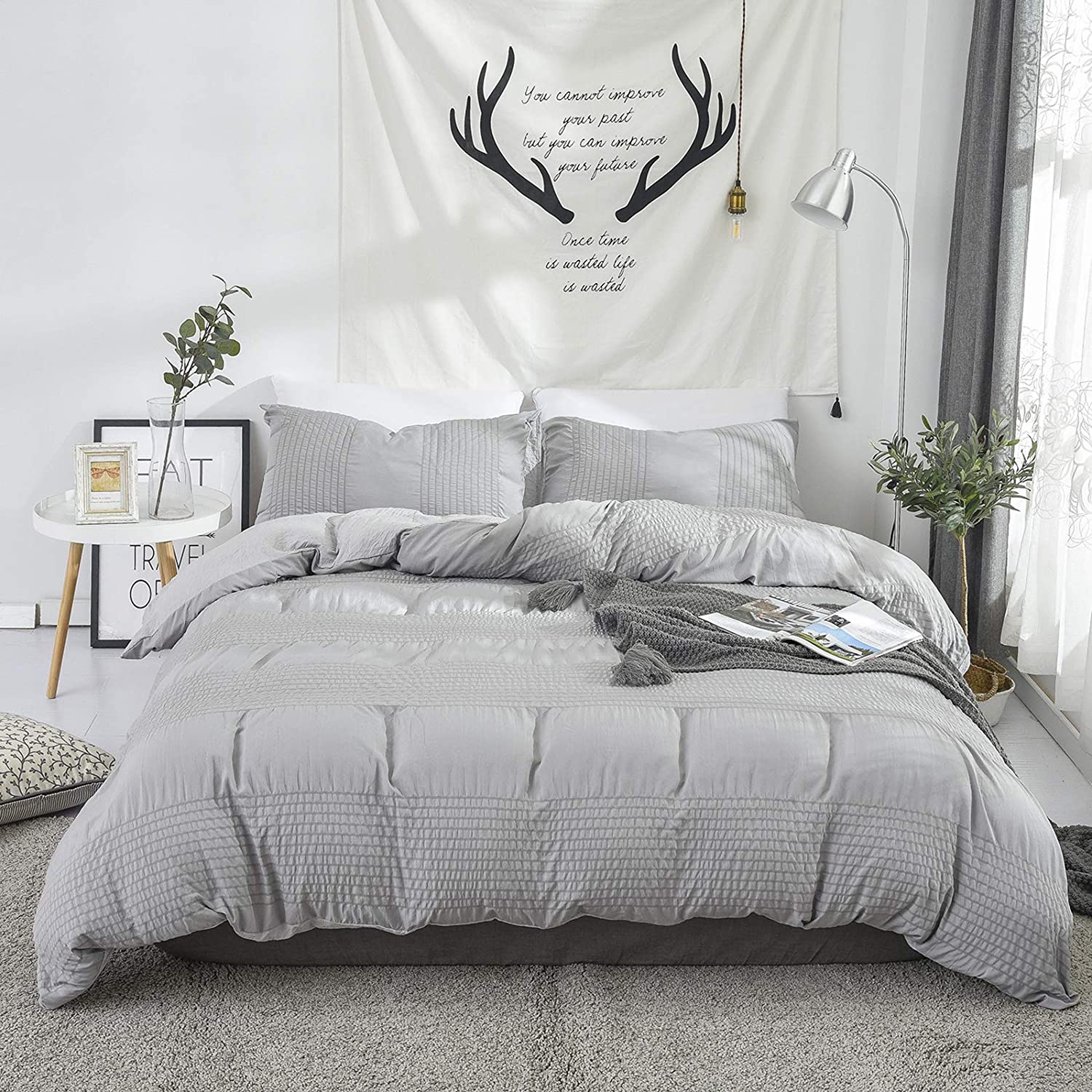 Price:$35.99 Stripe Duvet Cover Set Queen Solid Gray Soft Wash Cotton Seersucker Comforter Cover Set Queen with Zipper Closure : Home & Kitchen