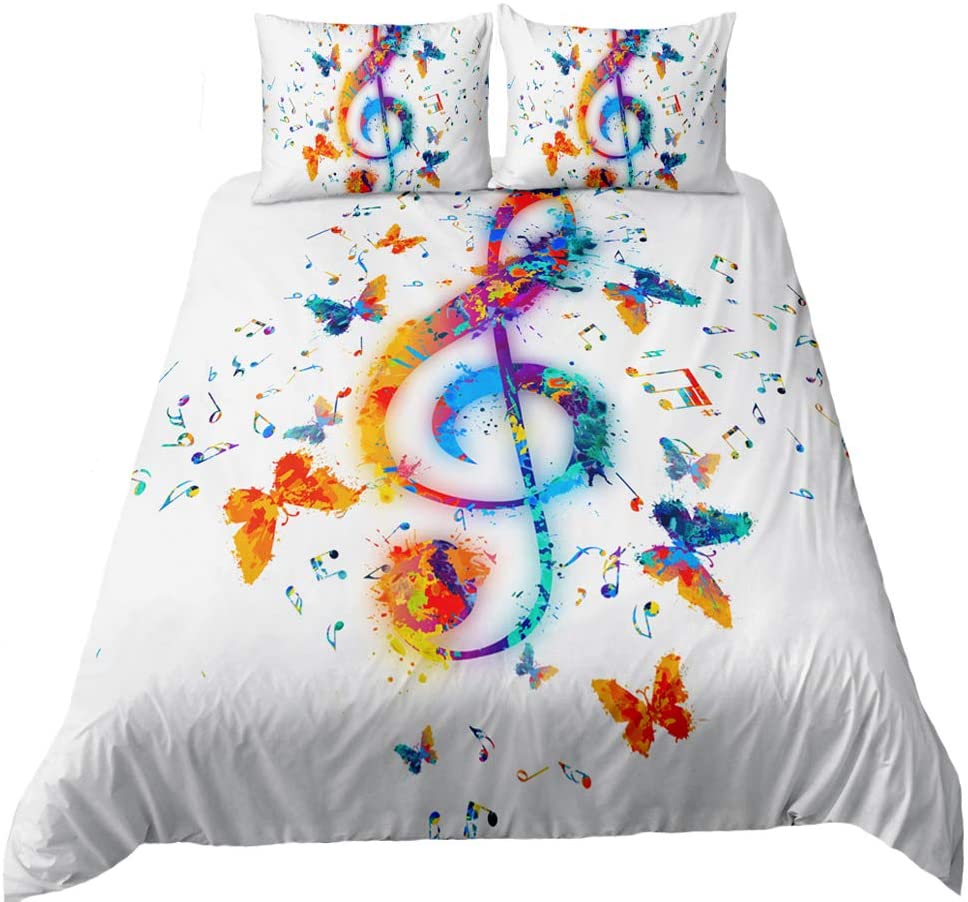 Price:$49.99 Modern Music Note Bedding Set Vibrant Colorful Butterfly Pattern Mucis Theme Duvet Cover Set with Pillowcase for Kids Boys Girls Teens Bedspread Cover (Full) : Home & Kitchen