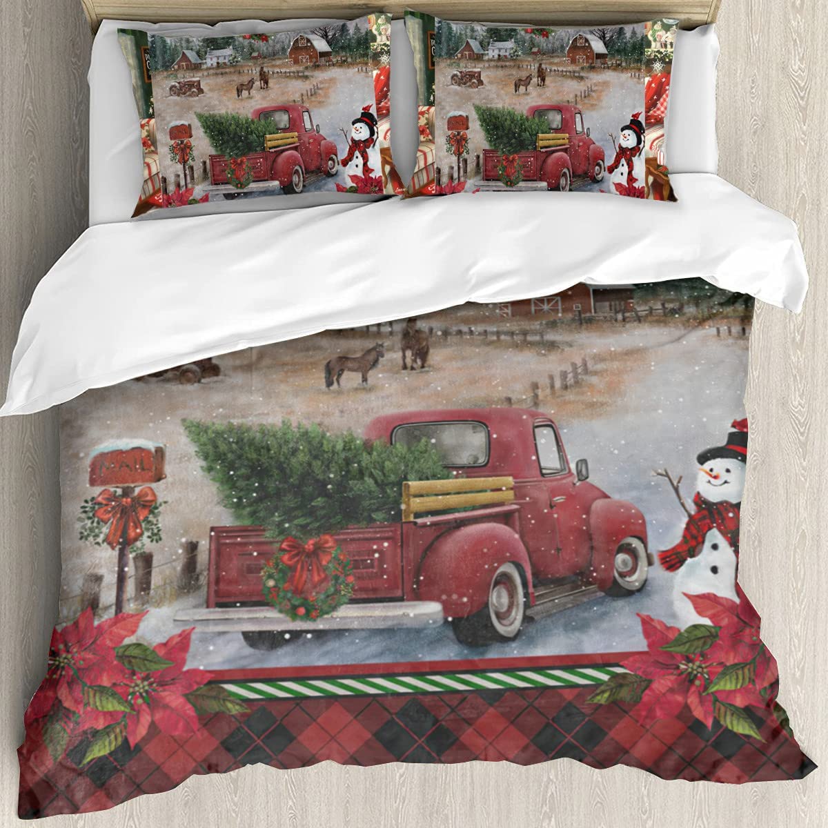 Price:$55.99 Bedding,Farm,red Truck,Snowman Duvet Covers Bedding Comforter Cover Set,Decoration Bed Cover Set Home Bedroom Decor for Kids Teens 1 Duvet Cover +2 Pillowcases (Queen) : Home & Kitchen