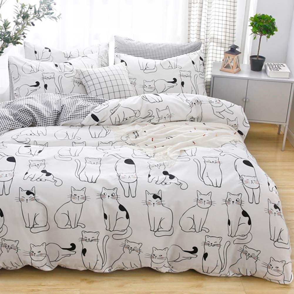 Price:$40.99 Cats Duvet Cover Set Twin, 100% Cotton Bedding, Various Cartoon Cats Pattern Printed on White Reversible Black Plaid, Cute Animal Comforter Cover for Kids Teens Boys Girls, No Comforter : Home & Kitchen
