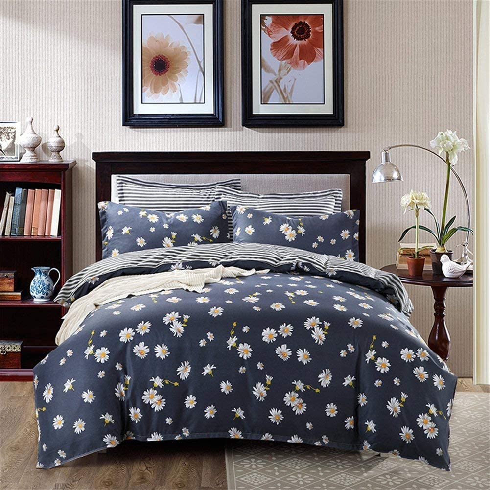 Price:$26.09 Floral Print Bedding Set for Daughter Kids Daisy Flowers Duvet Cover Twin Size Striped Reversible Stripe Comforter Cover Children Modern Navy Blue White Botanical Bedspread Cover Zipper Closure : Home & Kitchen