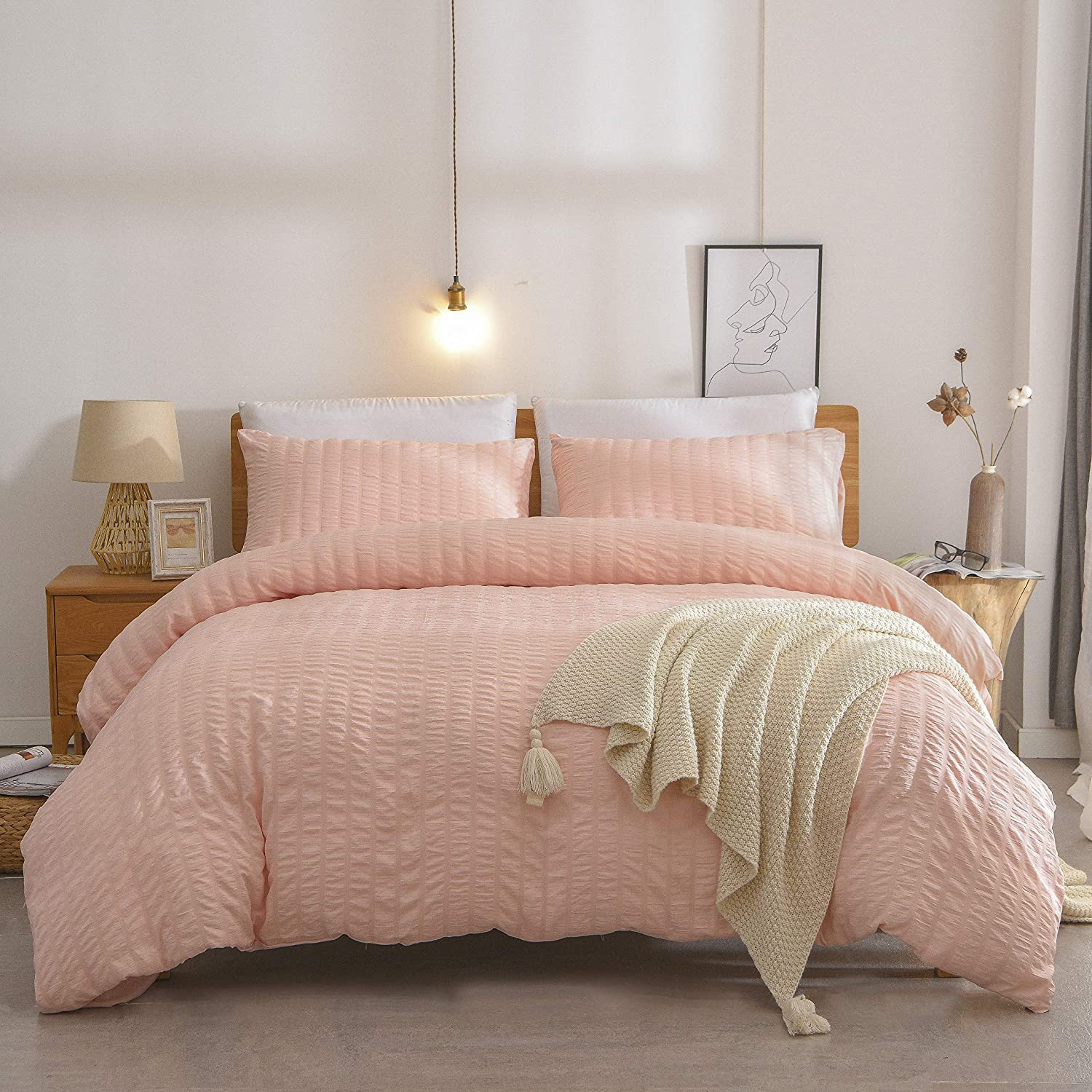Price:$28.95 Blush Bed Duvet Cover Set Nature Textured Seersucker Style Easy Care Soft Lightweight Water-Washed Microfiber Bedding Set with Zipper Closure, 2 Pieces Twin : Home & Kitchen
