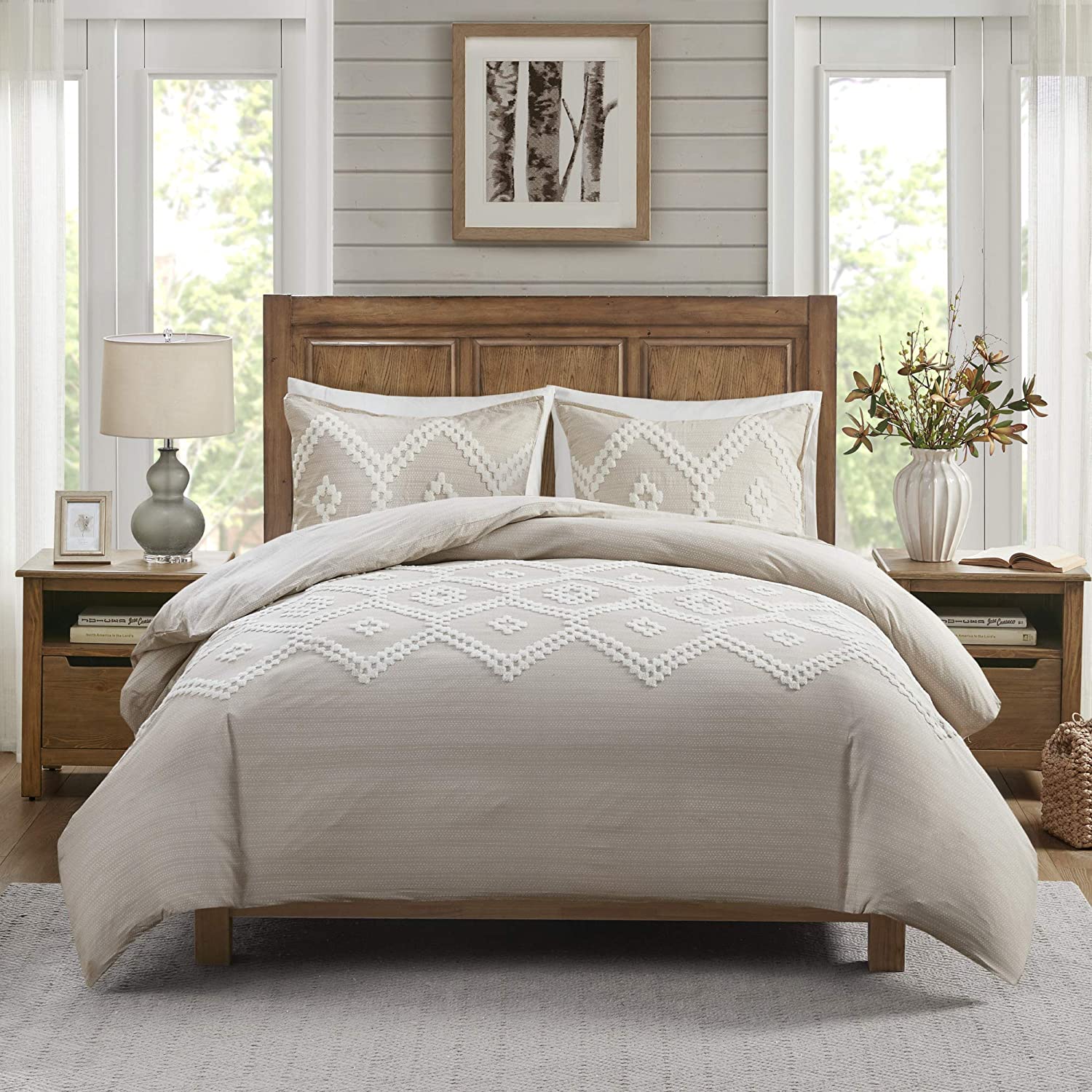 Price:$270.00 Park Teague 100% Chenille Cotton Tufted Duvet Geometric Design, All Season Comforter Cover Modern Bedding Set with Matching Sham, Full/Queen, Taupe 3 Piece : Home & Kitchen