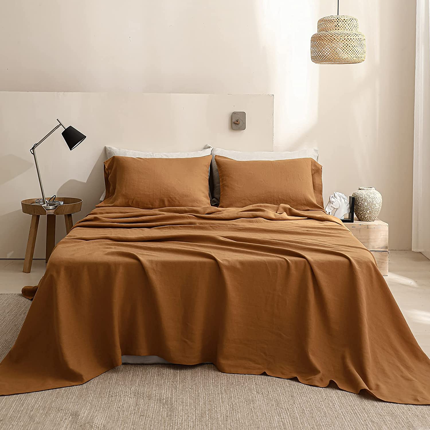 Price:$128.99 100% Linen Sheet Set Solid Color-4 Pcs Washed French Linen Bed Sheets(1 Flat Sheet,1 Fitted Sheet,2 Pillowcases)-Breathable Bedding Set (Rust, Queen) : Home & Kitchen