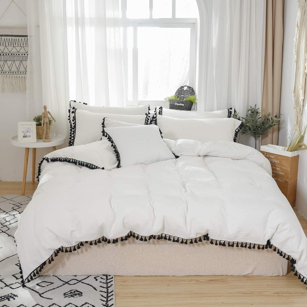 Price:$89.00 White Duvet Cover Queen 3 Pcs Boho Bedding Ruffle Tassel Farmhouse Duvet Covers Fringed 100% Washed Cotton Zipper Closure Black and White : Home & Kitchen