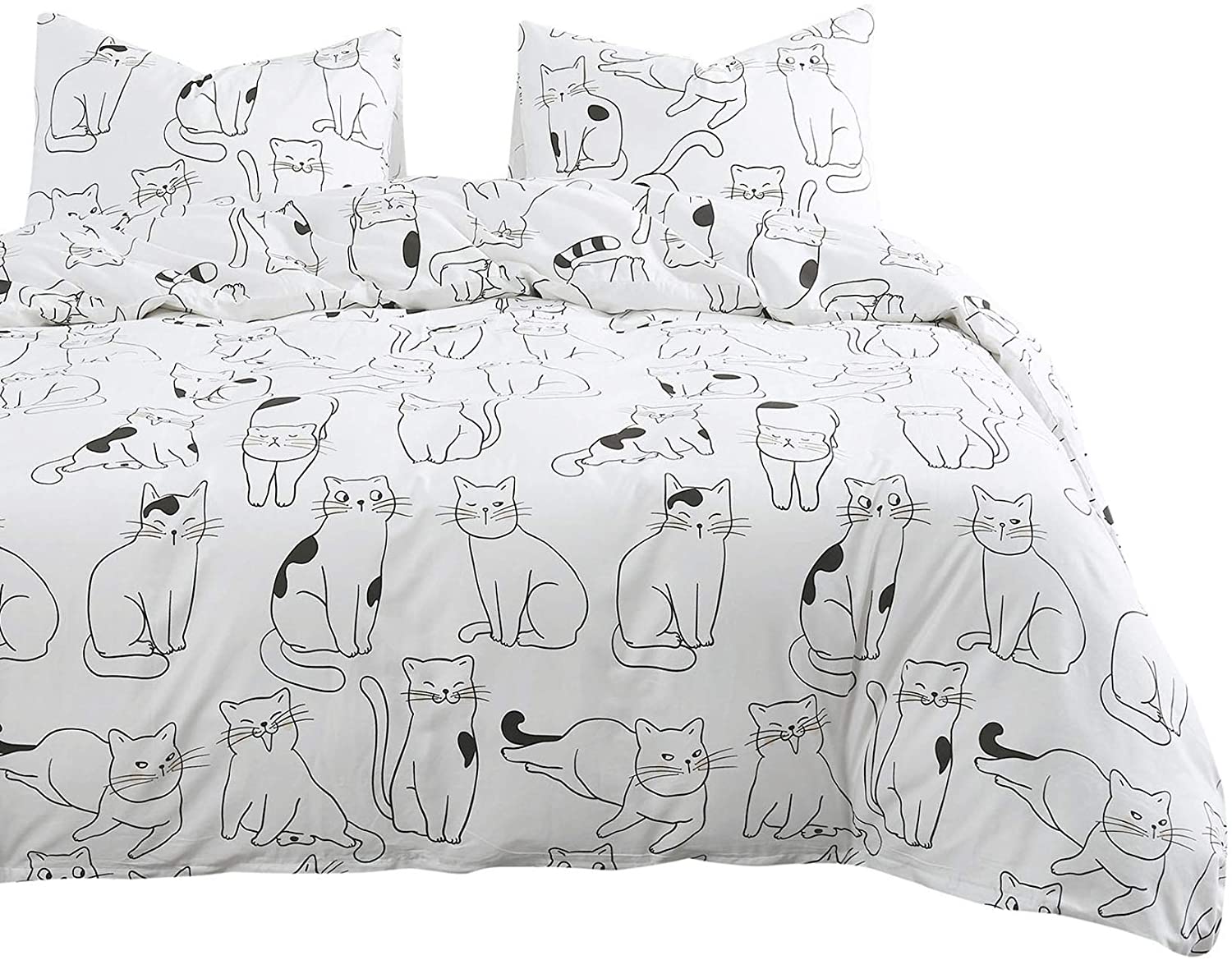 Price:$47.99 In Cloud - Cats Duvet Cover Set, 100% Cotton Bedding, White with Cats Drawing Pattern Printed, Zipper Closure (3pcs, Full Size) : Home & Kitchen