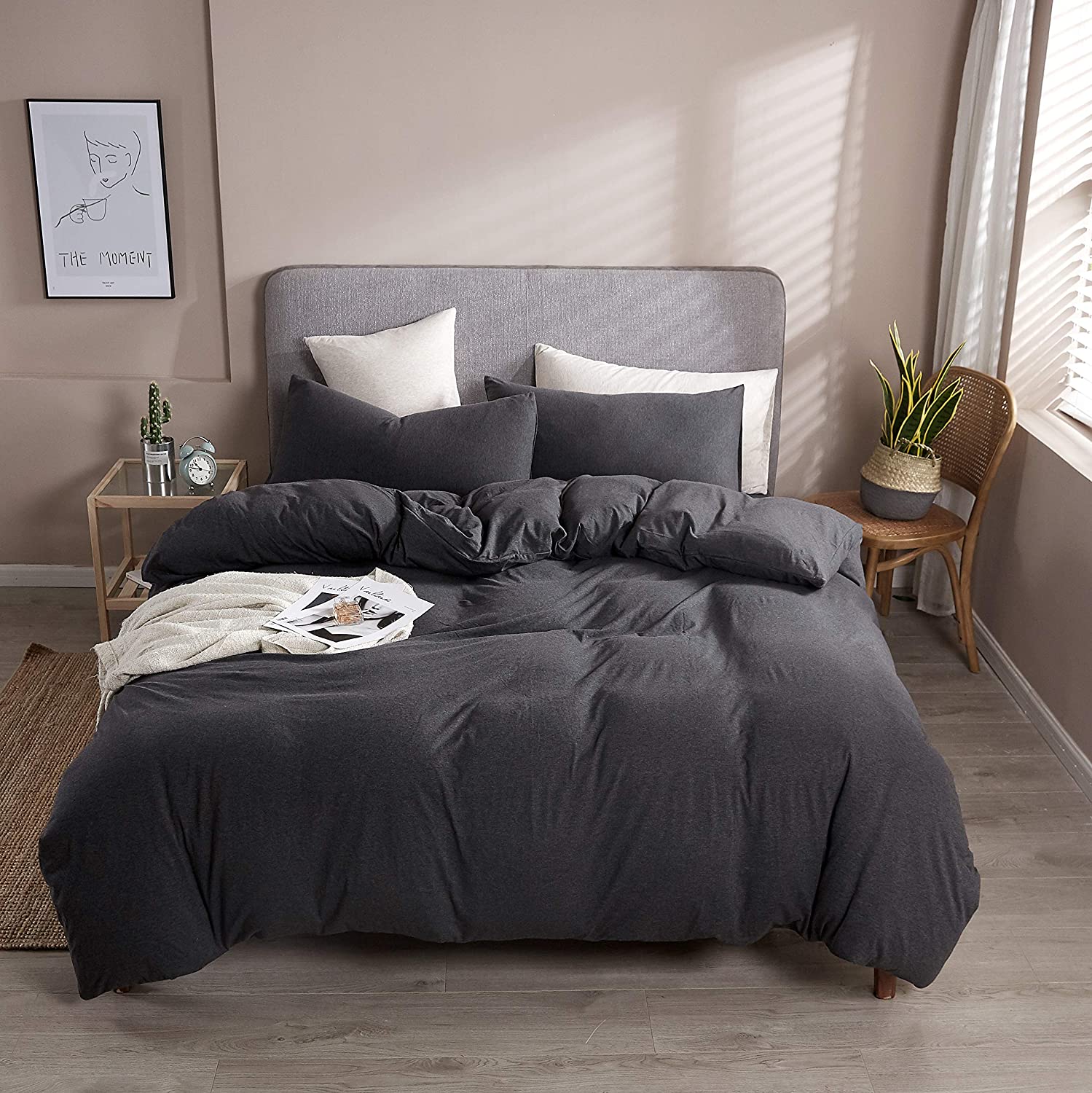 Price:$59.99 3-Piece Duvet Cover King, 100% Jersey Knit Cotton Duvet Cover, Ultra Soft and Easy Care, Simple Style Bedding Set (Dark Gray, King Size) : Home & Kitchen